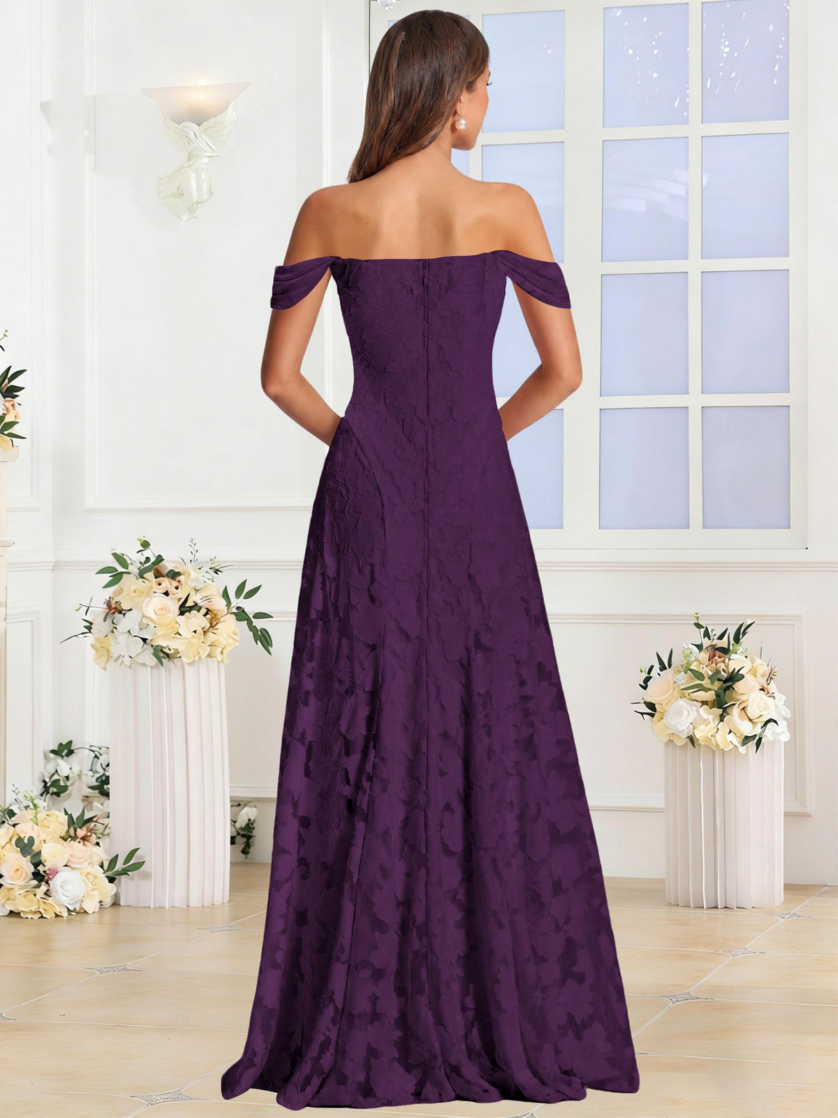 Off the Shoulder Floral Ruched A-line Bridesmaid Dress