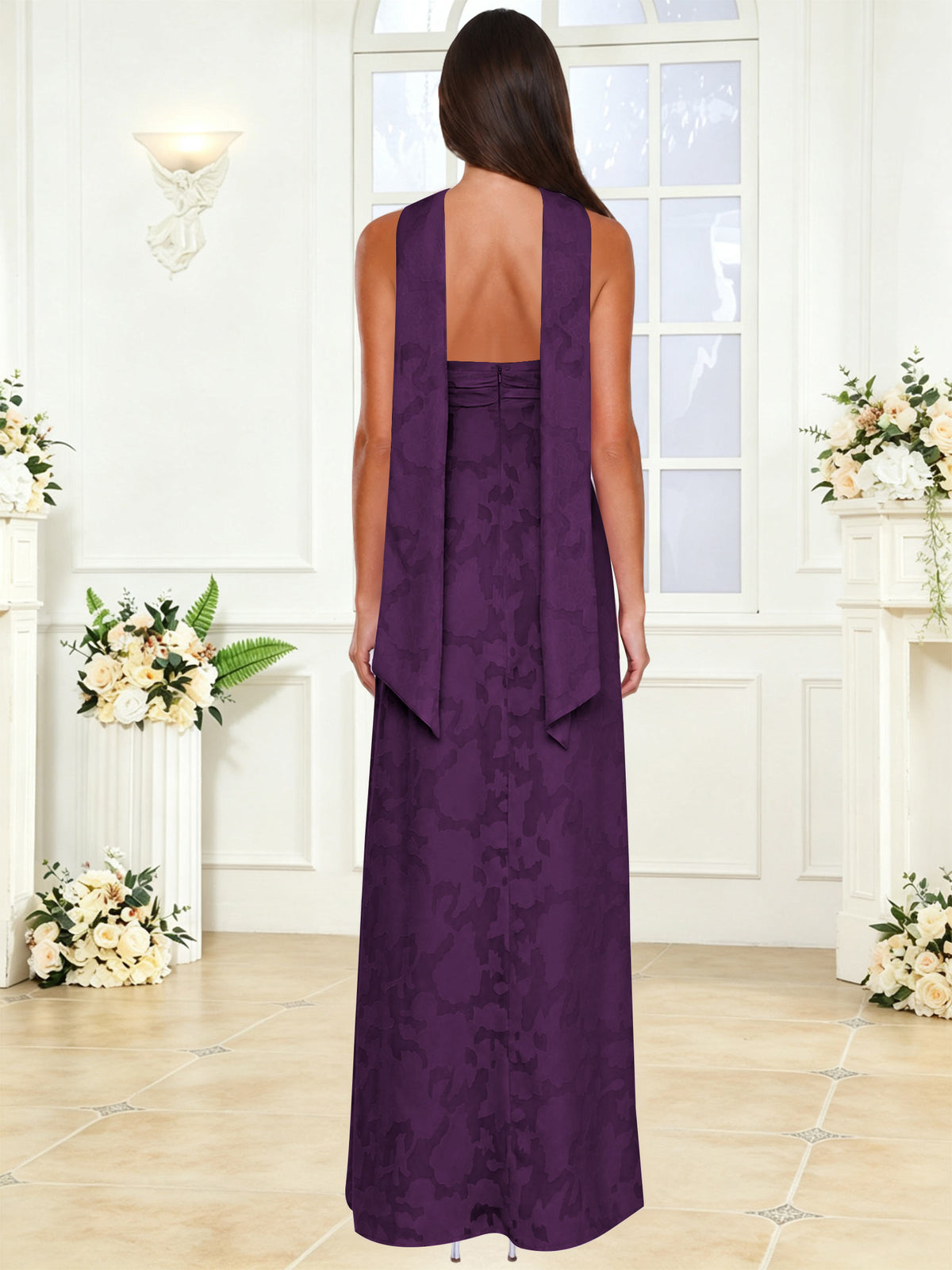 Spaghetti Strap Ruched Floral Jacquard A Line Bridesmaid Dress with Scarf