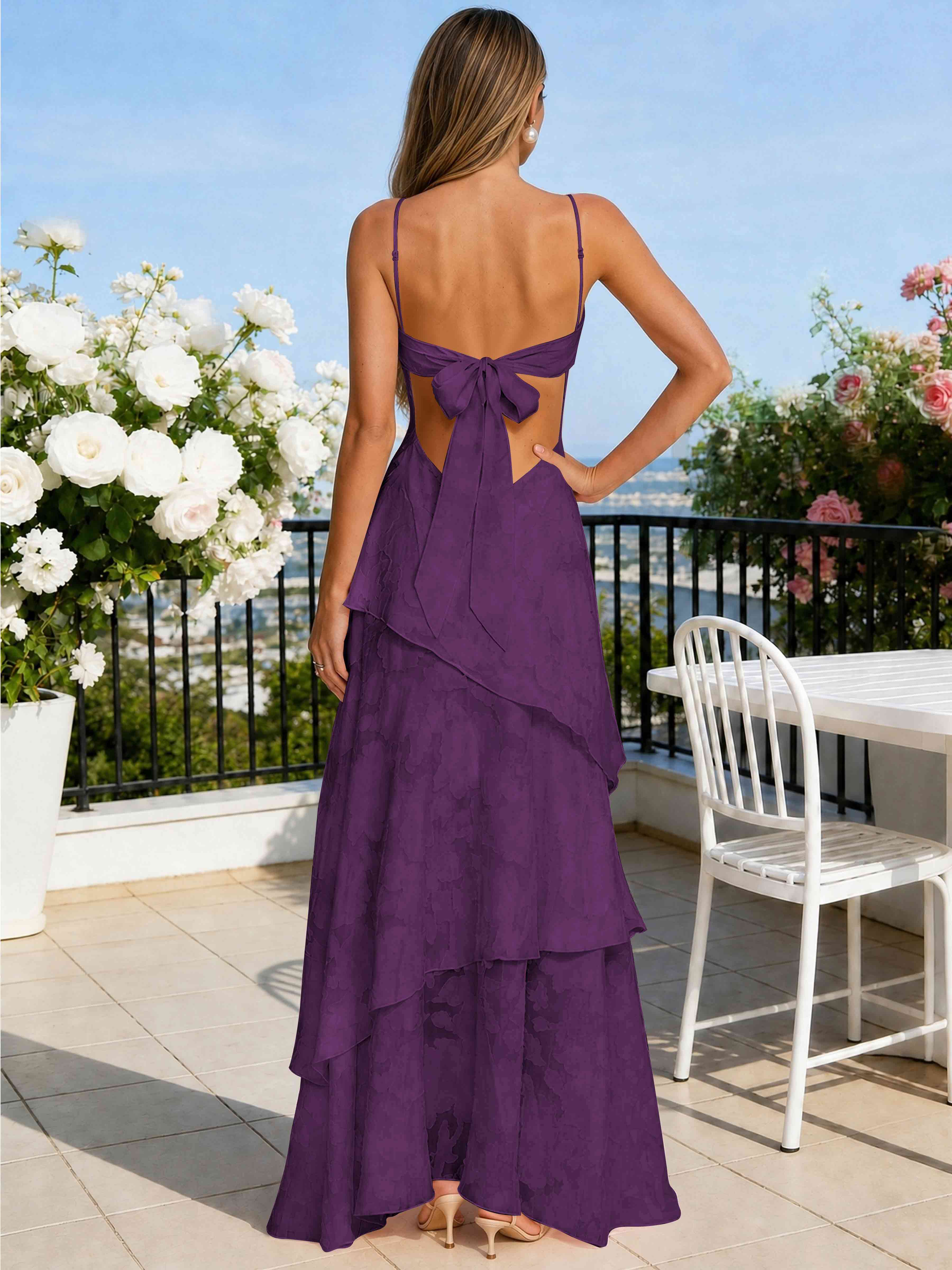 ROVDESY Spaghetti Strap V-Neck Chiffon Jacquard Tiered Ruffle Long Bridesmaid/Prom Dress