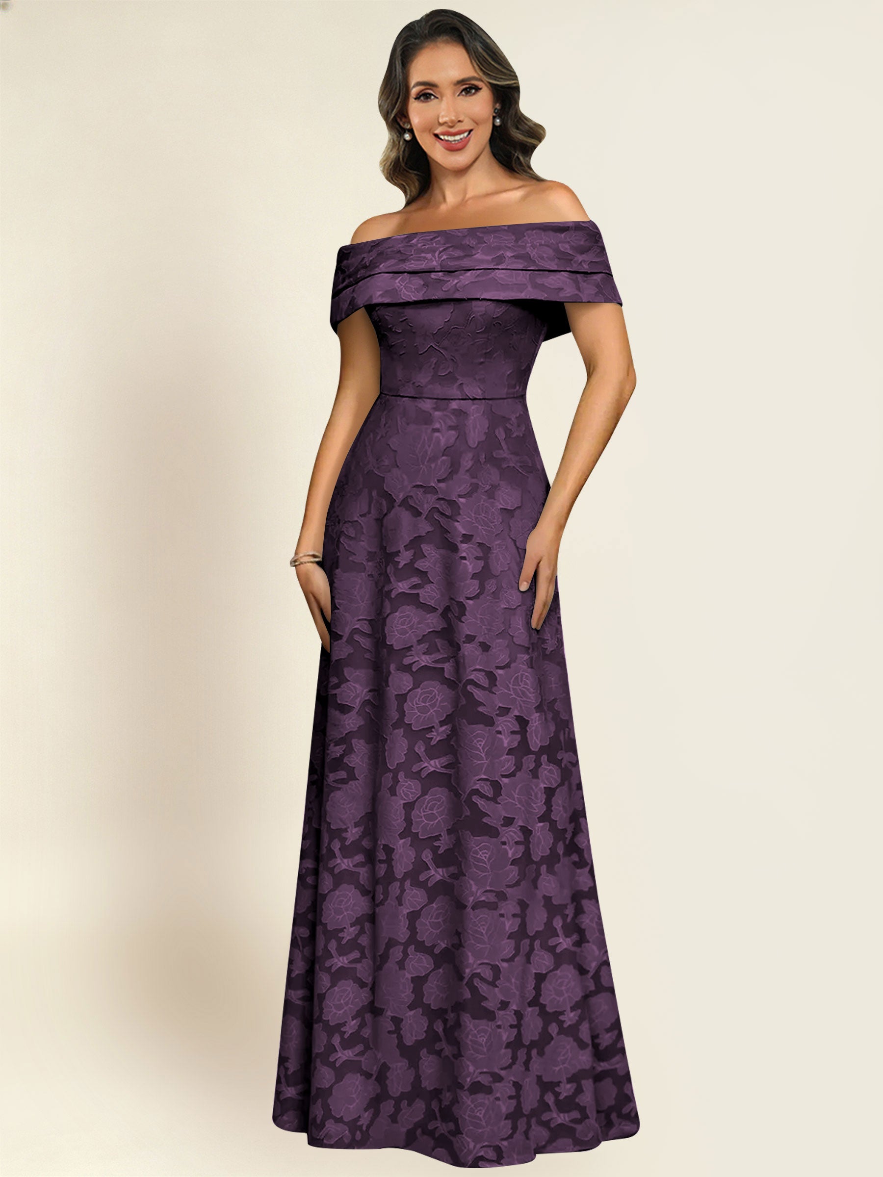 ROVDESY Off the Shoulder Floral Jacquard A-Line Long Mother of the Bride Dress