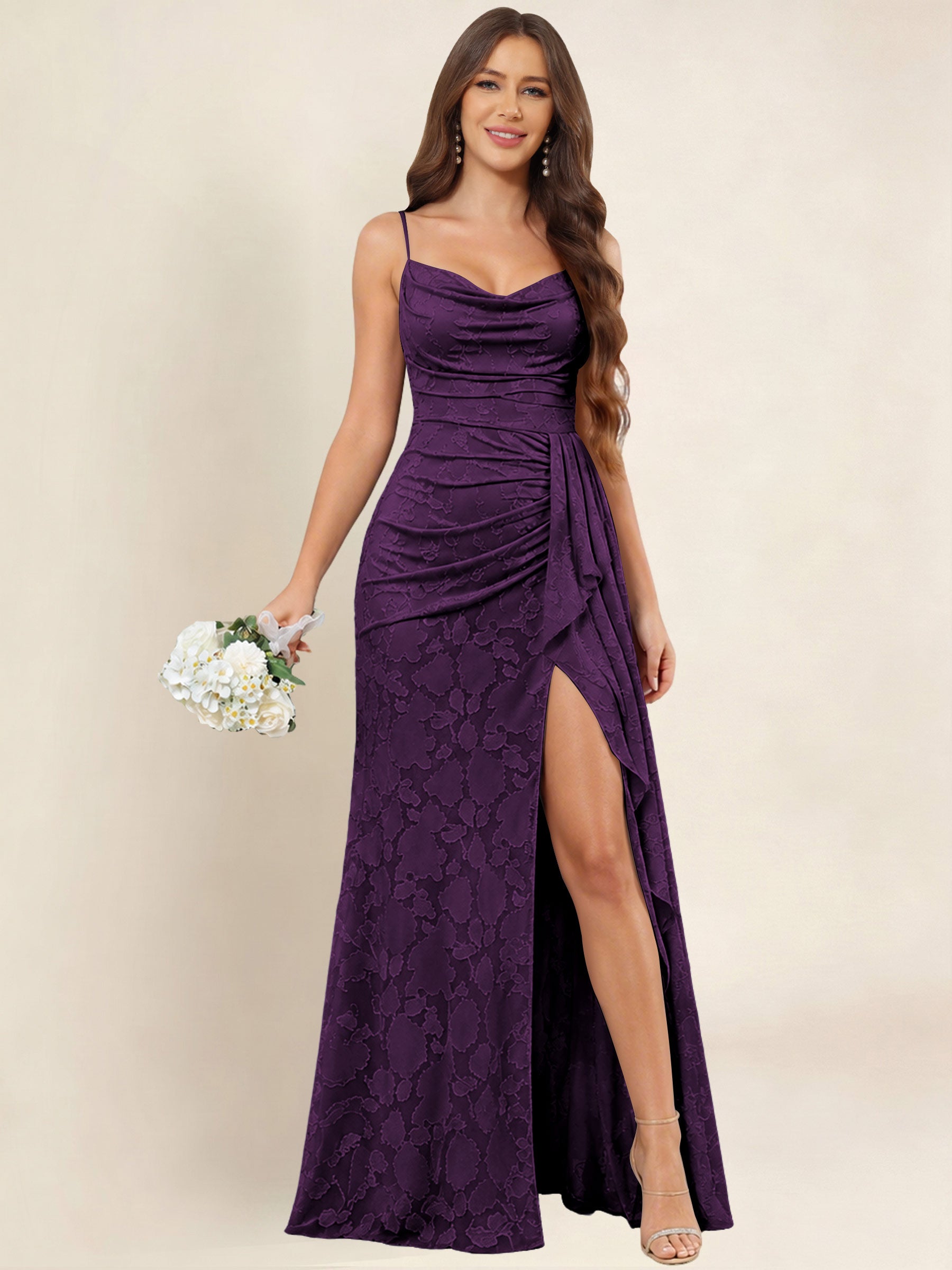 ROVDESY  Cowl Neck Ruffle Mermaid Chiffon Jacquard Bridesmaid/Prom Dress With Slit