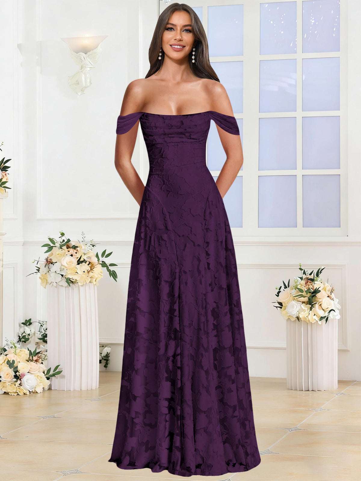Off the Shoulder Floral Ruched A-line Bridesmaid Dress