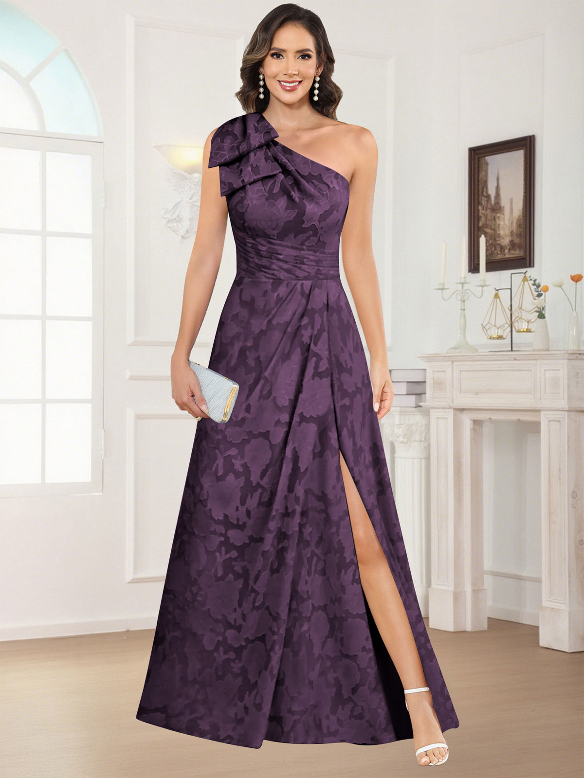 One Shoulder Floral Jacquard Mother of the Bride Dress
