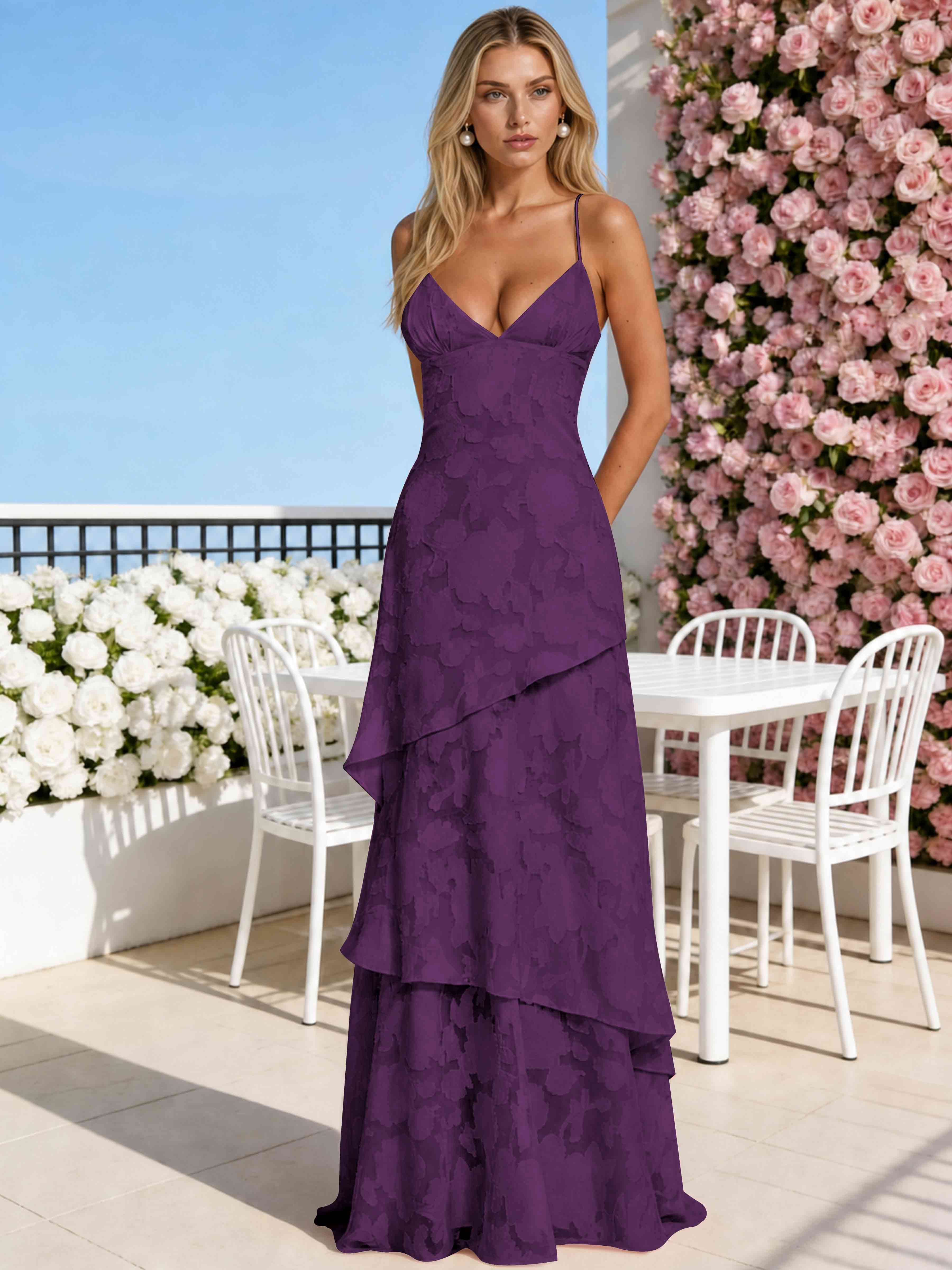 ROVDESY Spaghetti Strap V-Neck Chiffon Jacquard Tiered Ruffle Long Bridesmaid/Prom Dress
