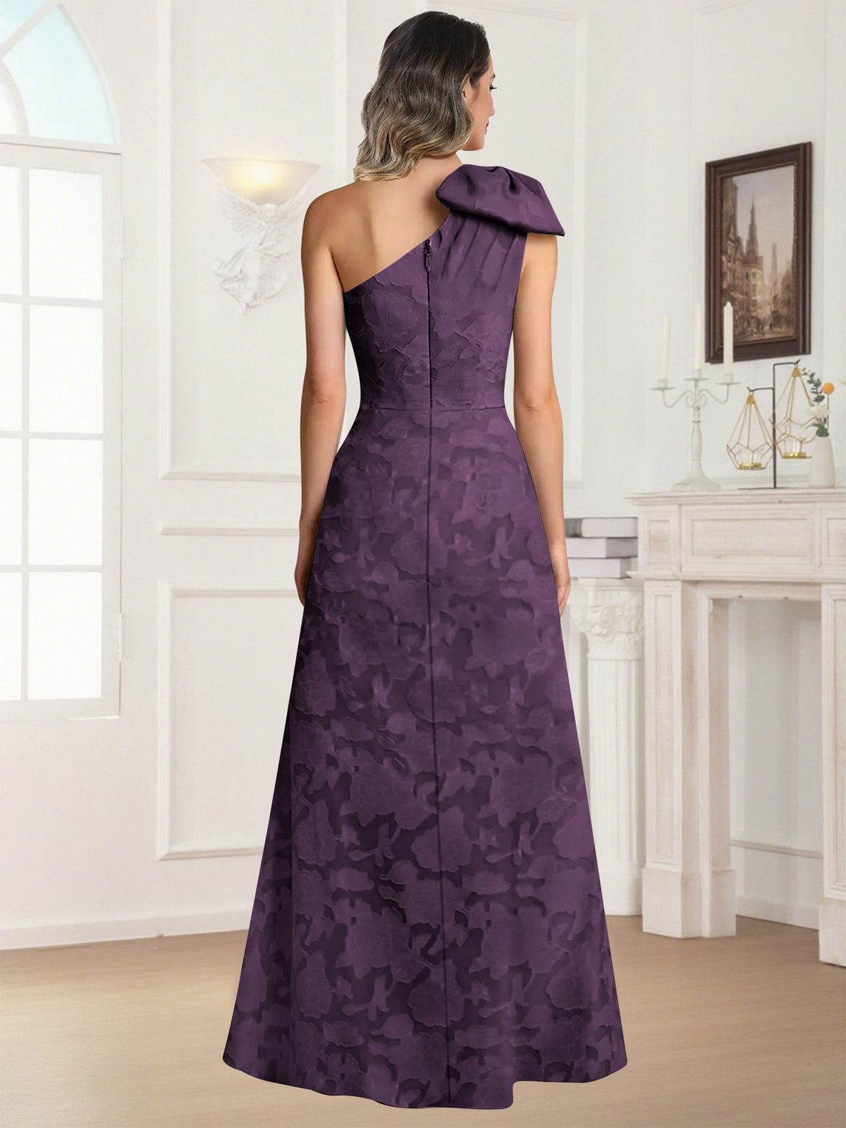 One Shoulder Floral Jacquard Mother of the Bride Dress