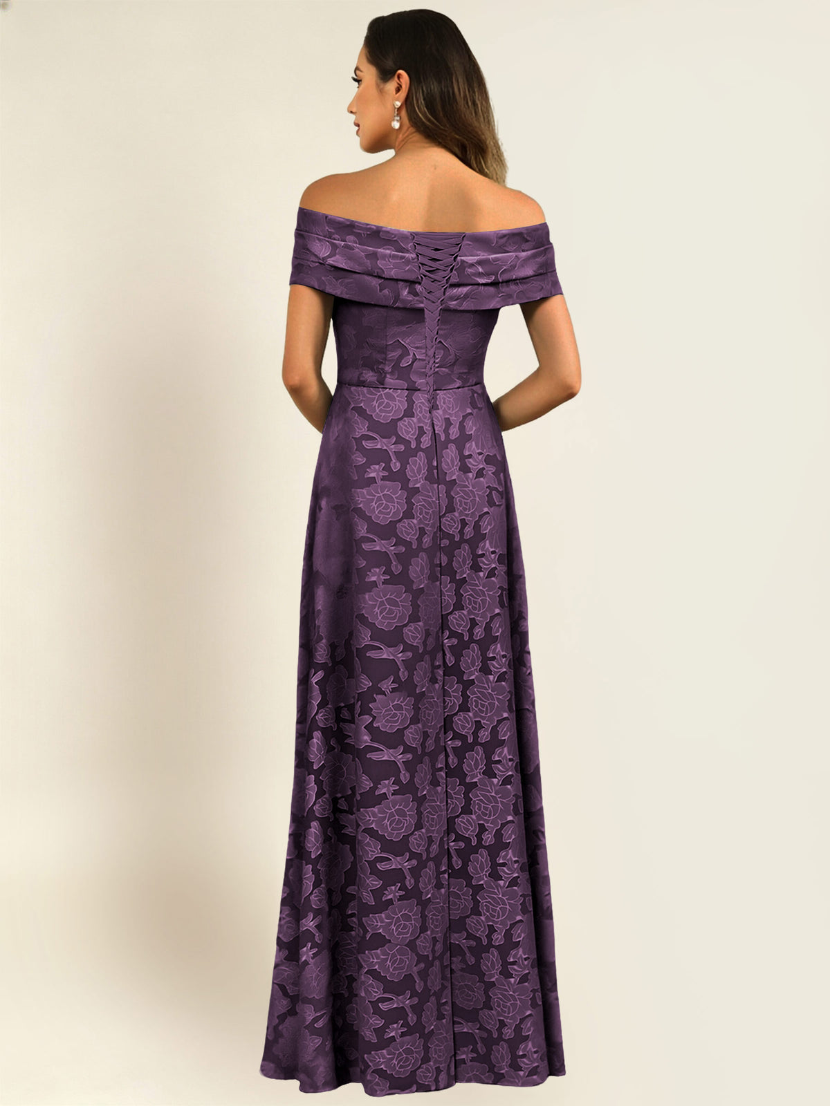 ROVDESY Off the Shoulder Floral Jacquard A-Line Long Mother of the Bride Dress