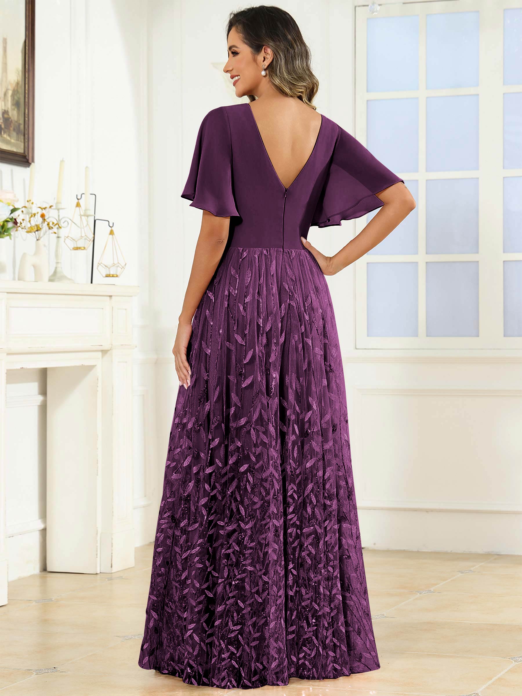ROVDESY A-Line V-Neck Chiffon Sequin Mother Of The Bride Dress With Short Sleeves