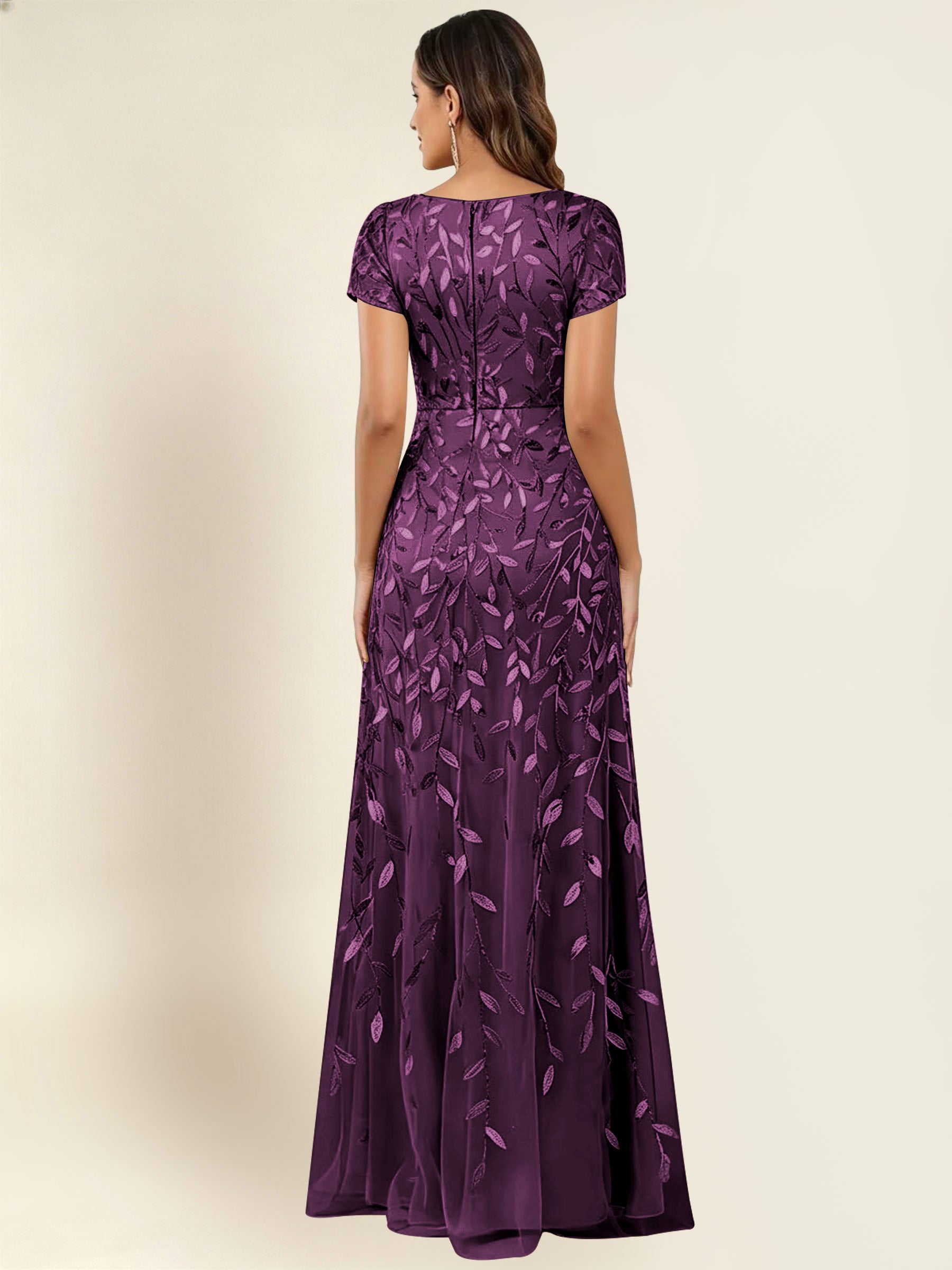 ROVDESY Sequin Mermaid Long Mother Of The Bride Dress With Short Sleeves Formal Gown