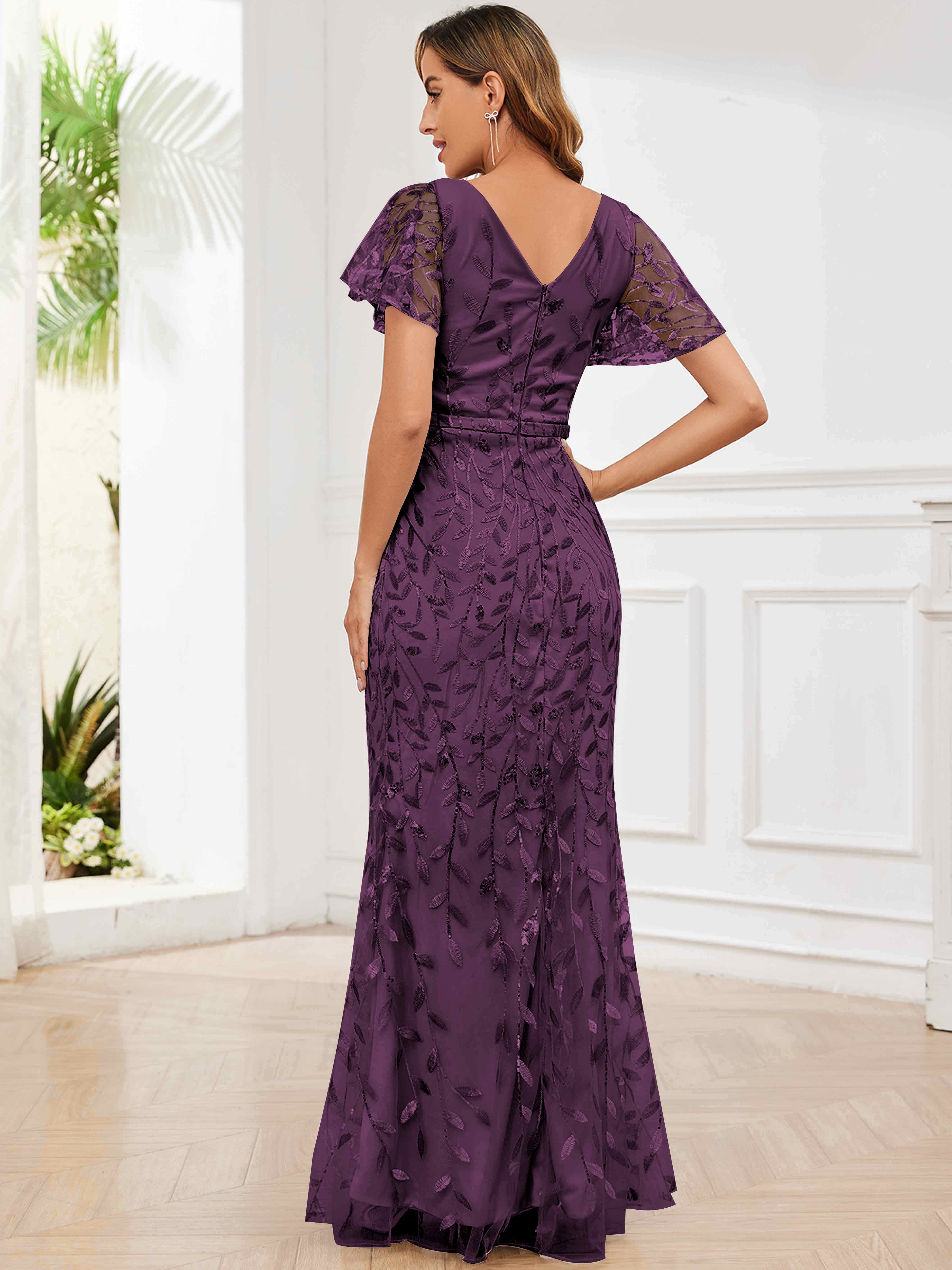 ROVDESY V-Neck Mermaid Sequin Mother Of The Bride Dress With Short Sleeves