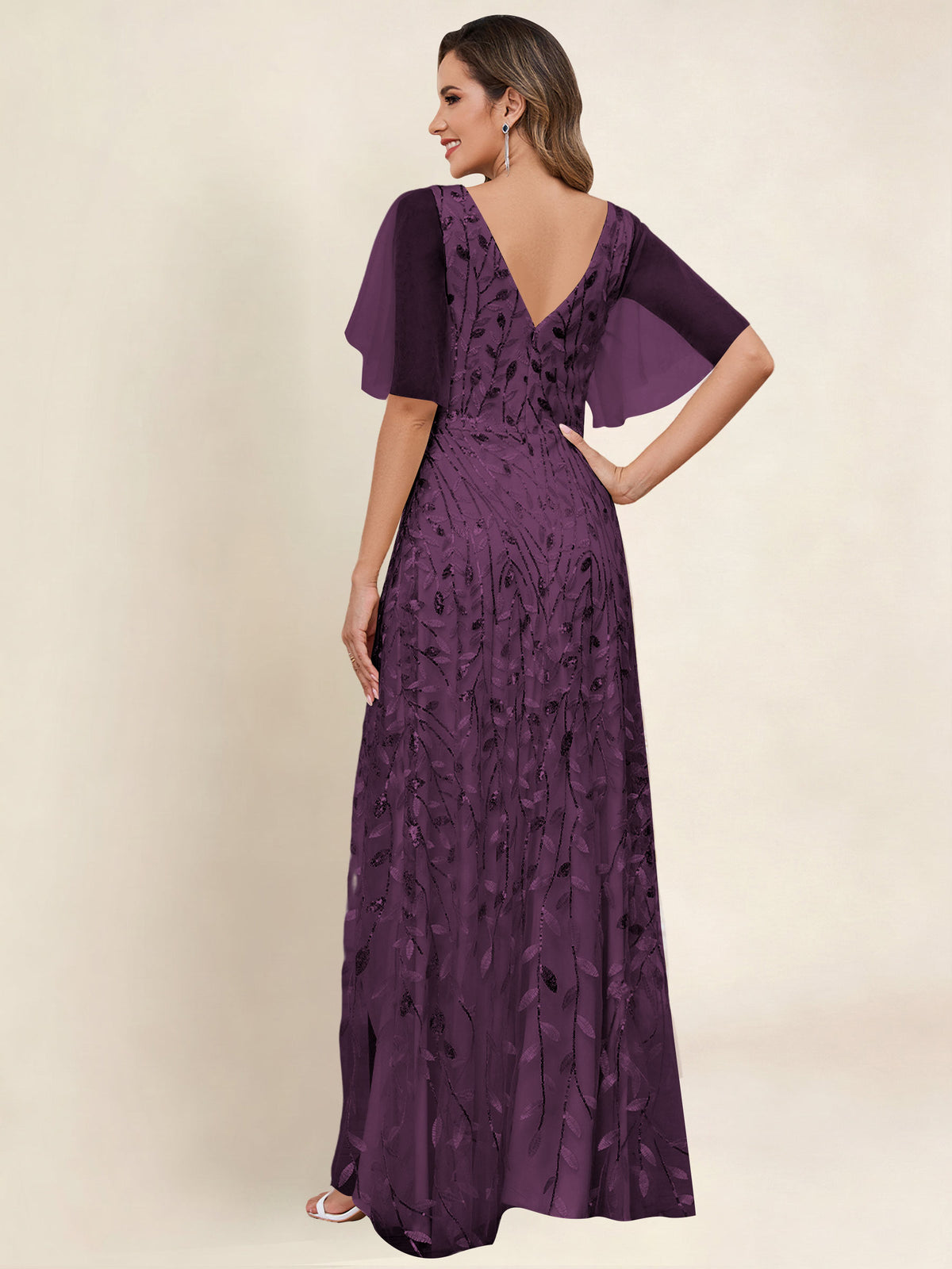 V Neck Sequin Tulle A Line Mother of the Bride Dress with Sleeves