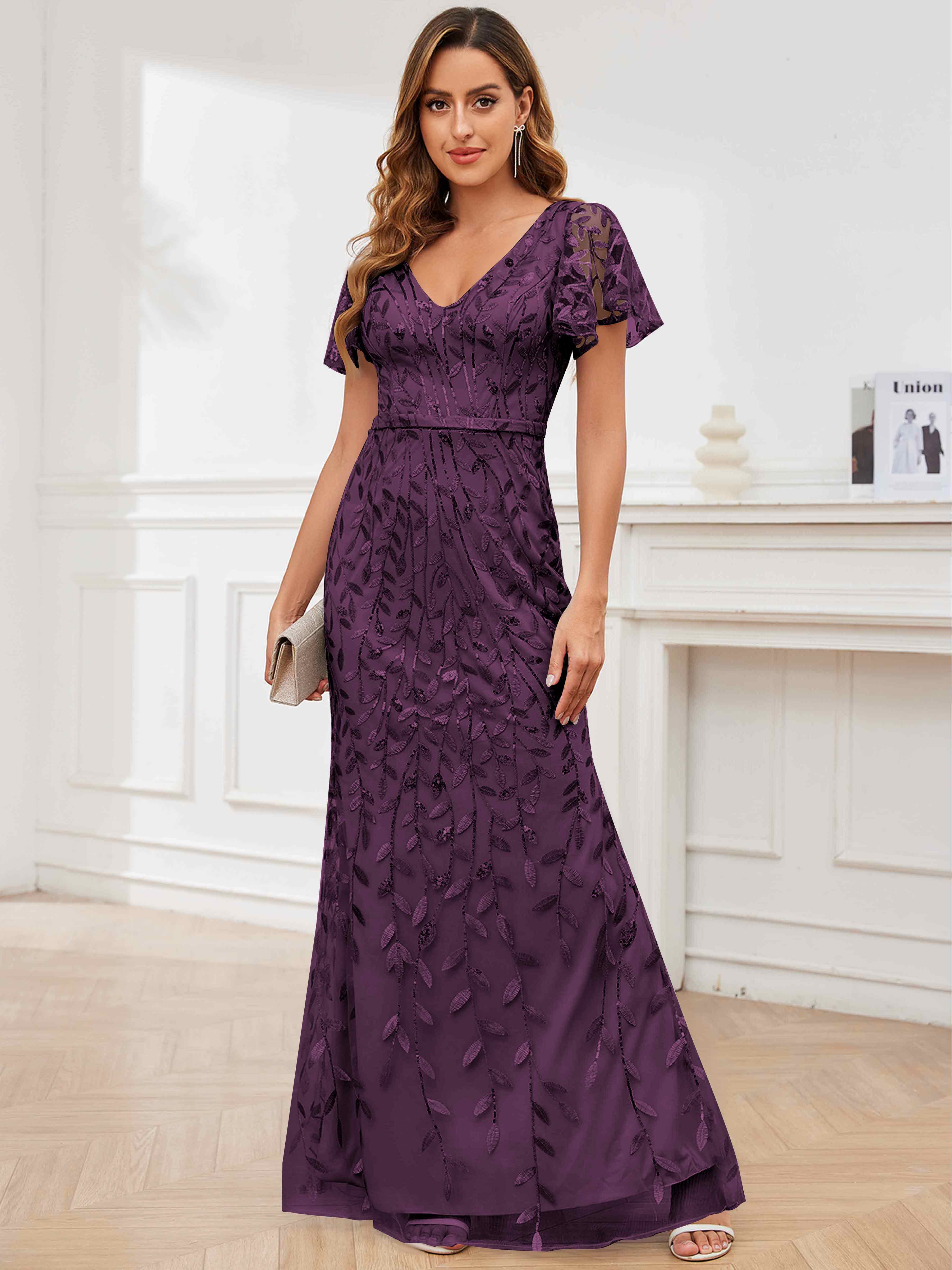 ROVDESY V-Neck Mermaid Sequin Mother Of The Bride Dress With Short Sleeves