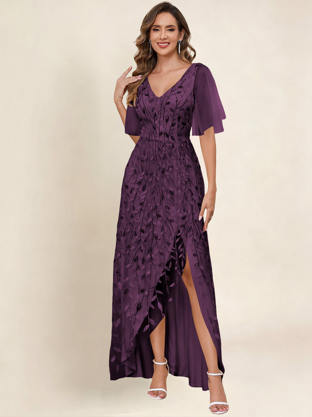 V Neck Sequin Tulle A Line Mother of the Bride Dress with Sleeves