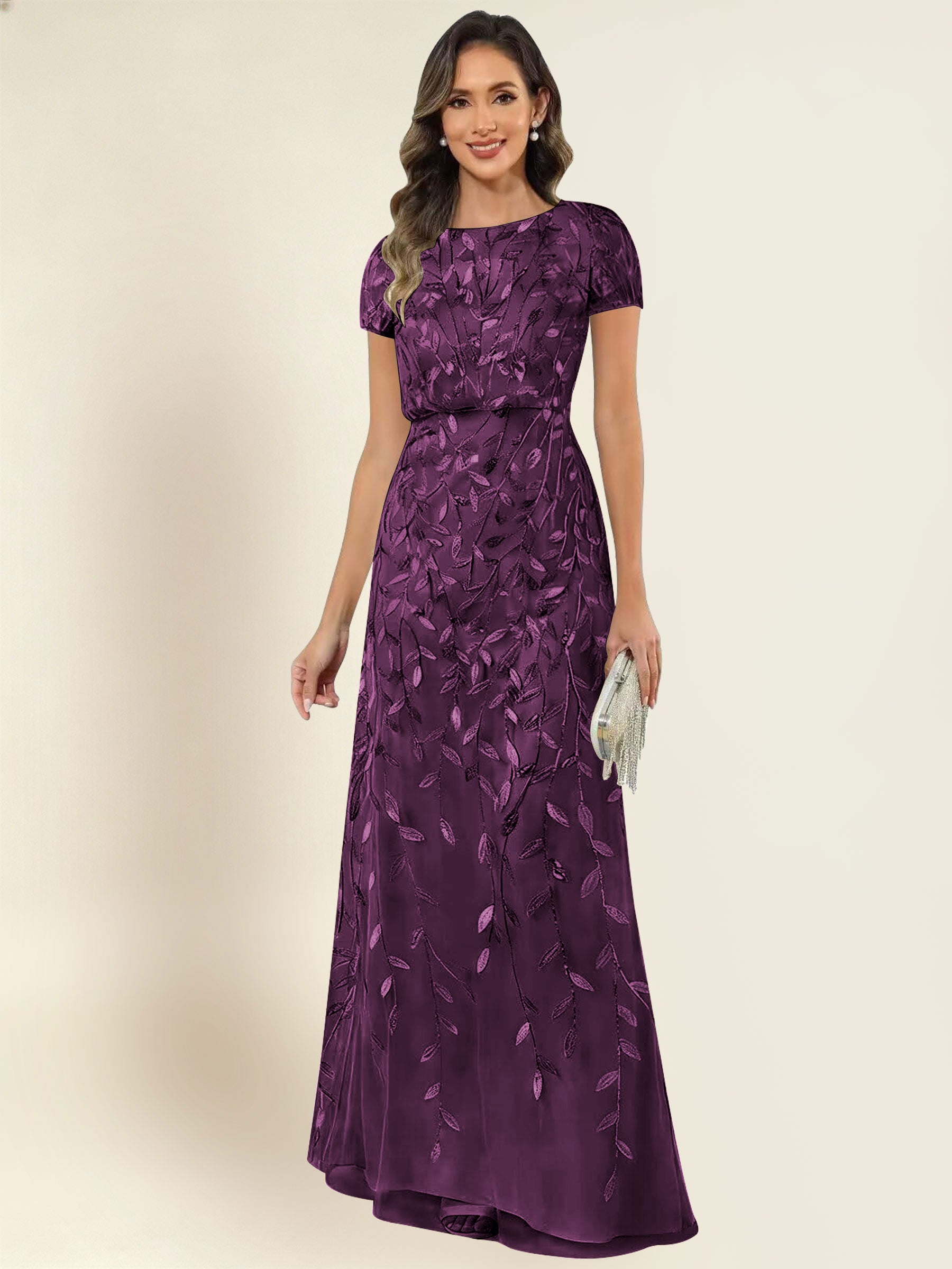 ROVDESY Sequin Mermaid Long Mother Of The Bride Dress With Short Sleeves Formal Gown