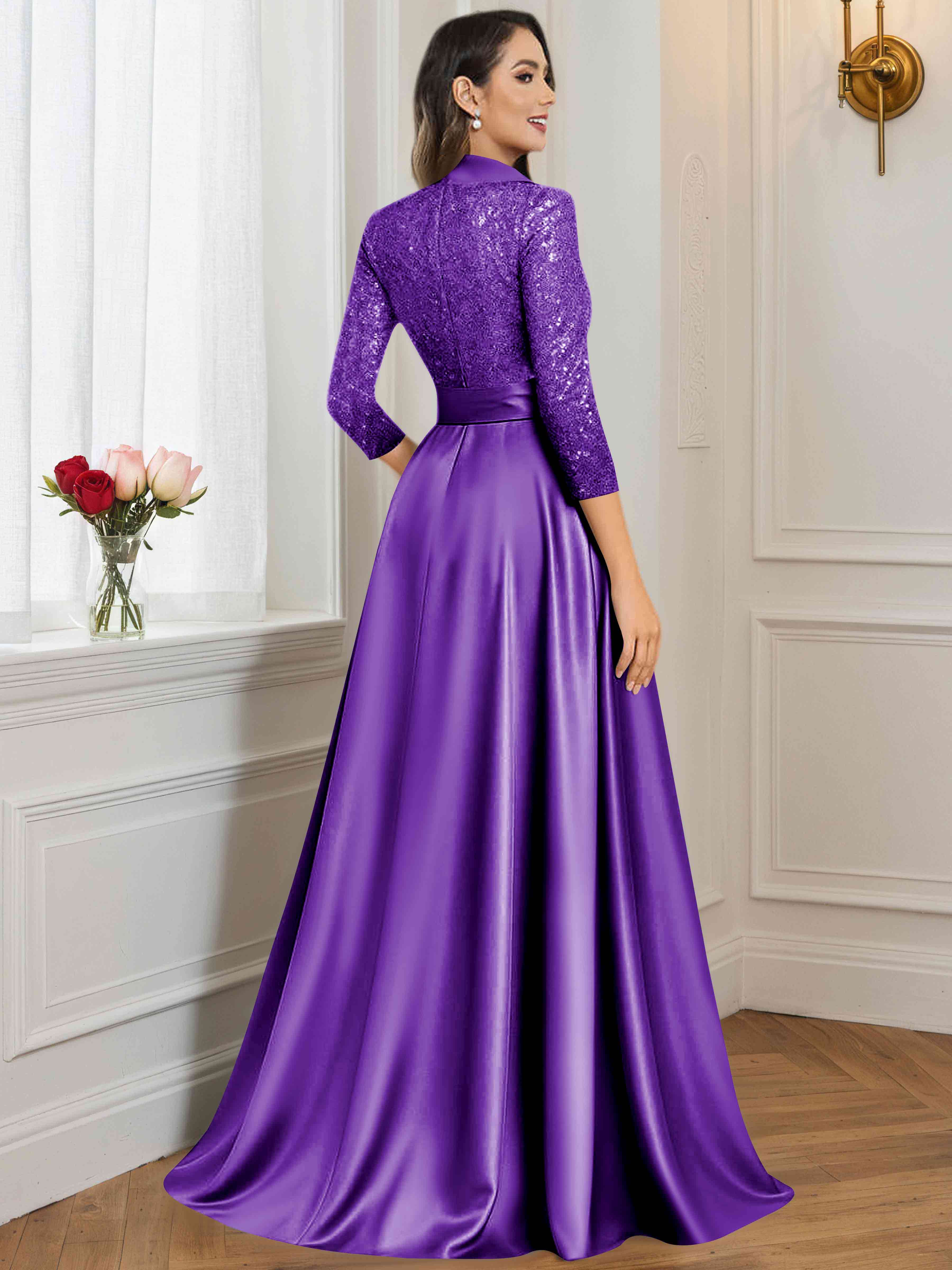 ROVDESY A-Line V Neck Sequin Satin  Long Mother of The Bride Dress Formal Gown With 3/4 Sleeves
