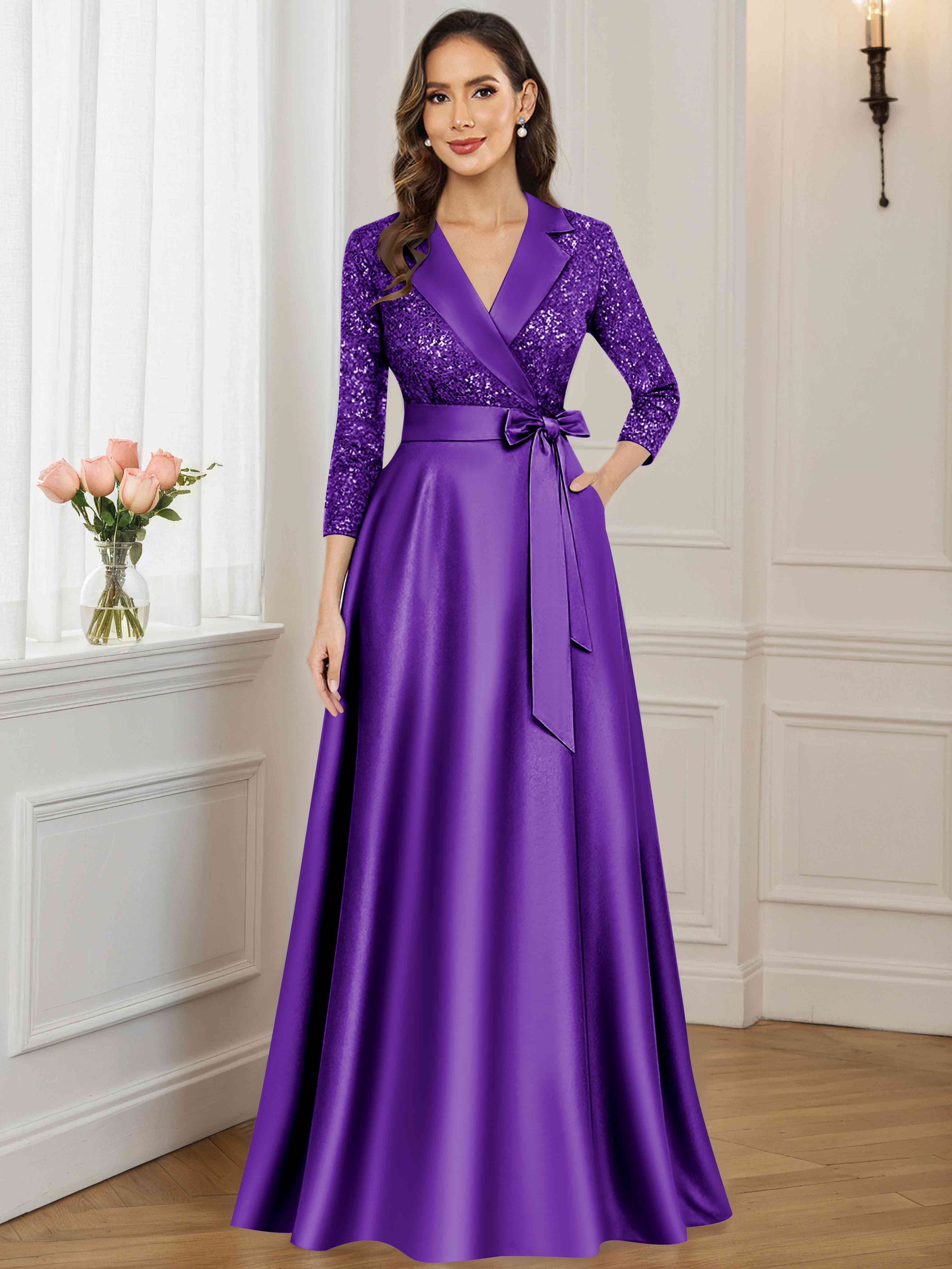 ROVDESY A-Line V Neck Sequin Satin  Long Mother of The Bride Dress Formal Gown With 3/4 Sleeves