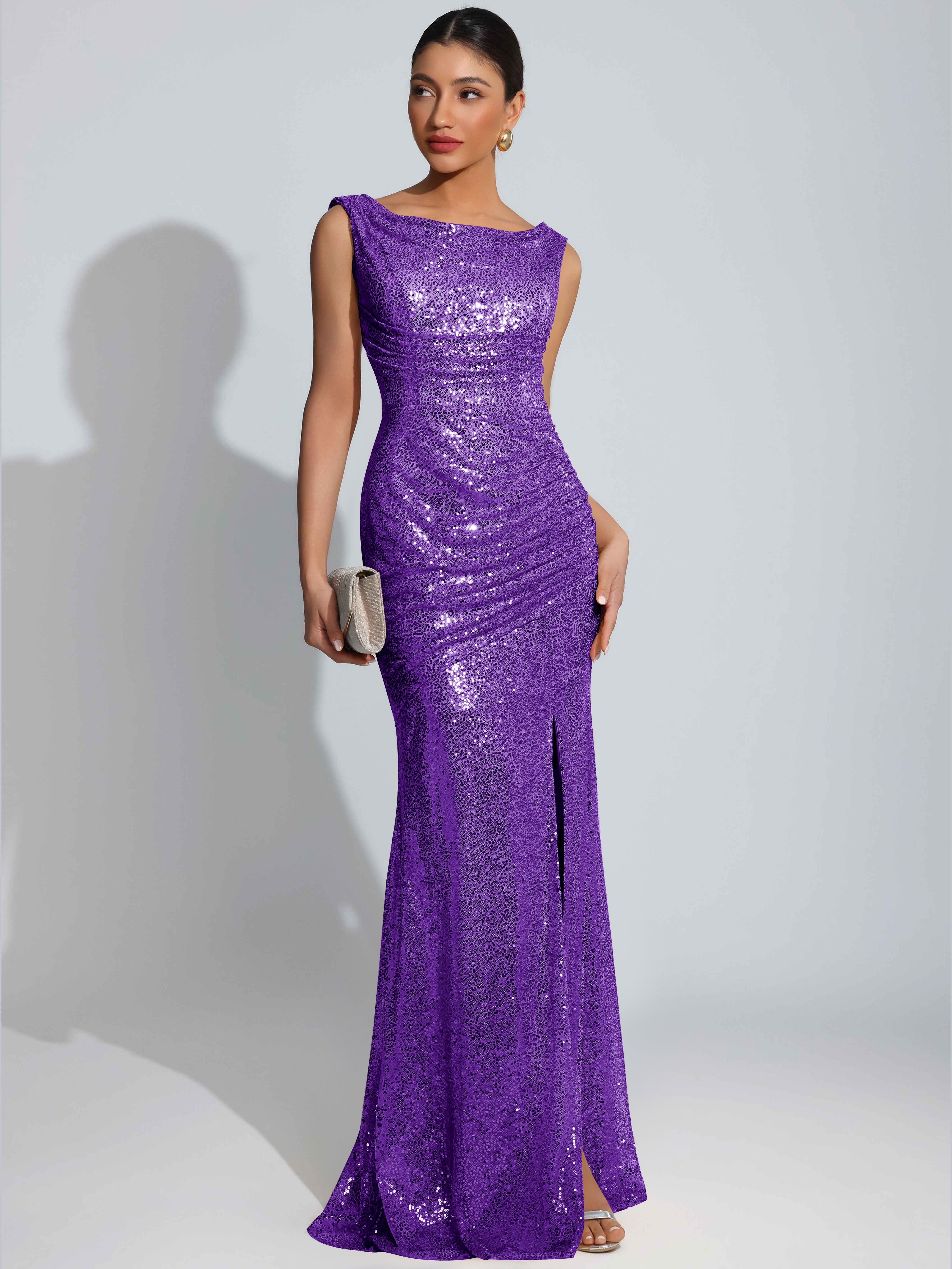 ROVDESY Sparkly Bateau Mermaid Ruched Sequin Long Prom Dress with Slit