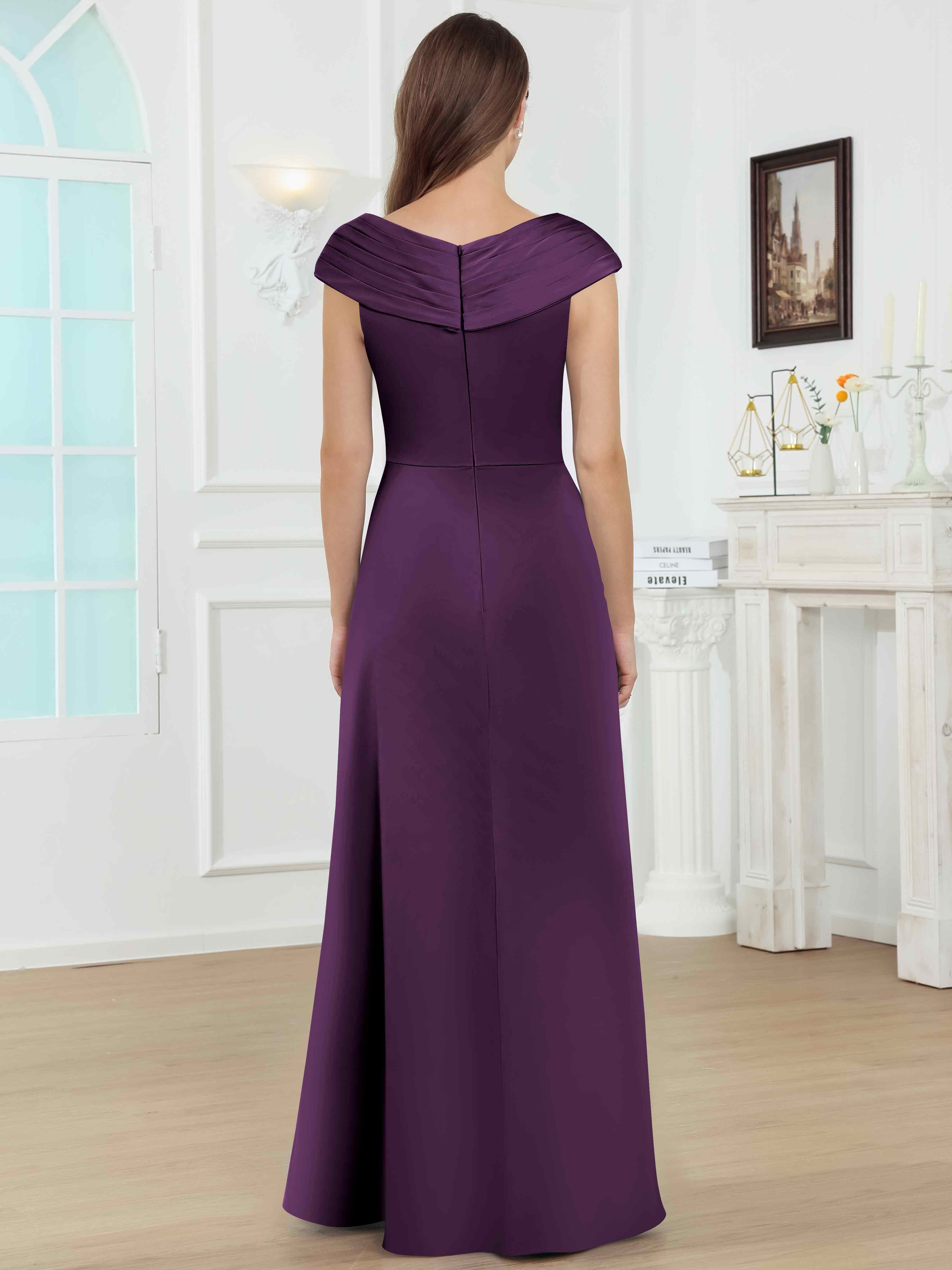 ROVDESY V-Neck Off The Shoulder Pleated Satin Mother Of The Bride Dress With Slit
