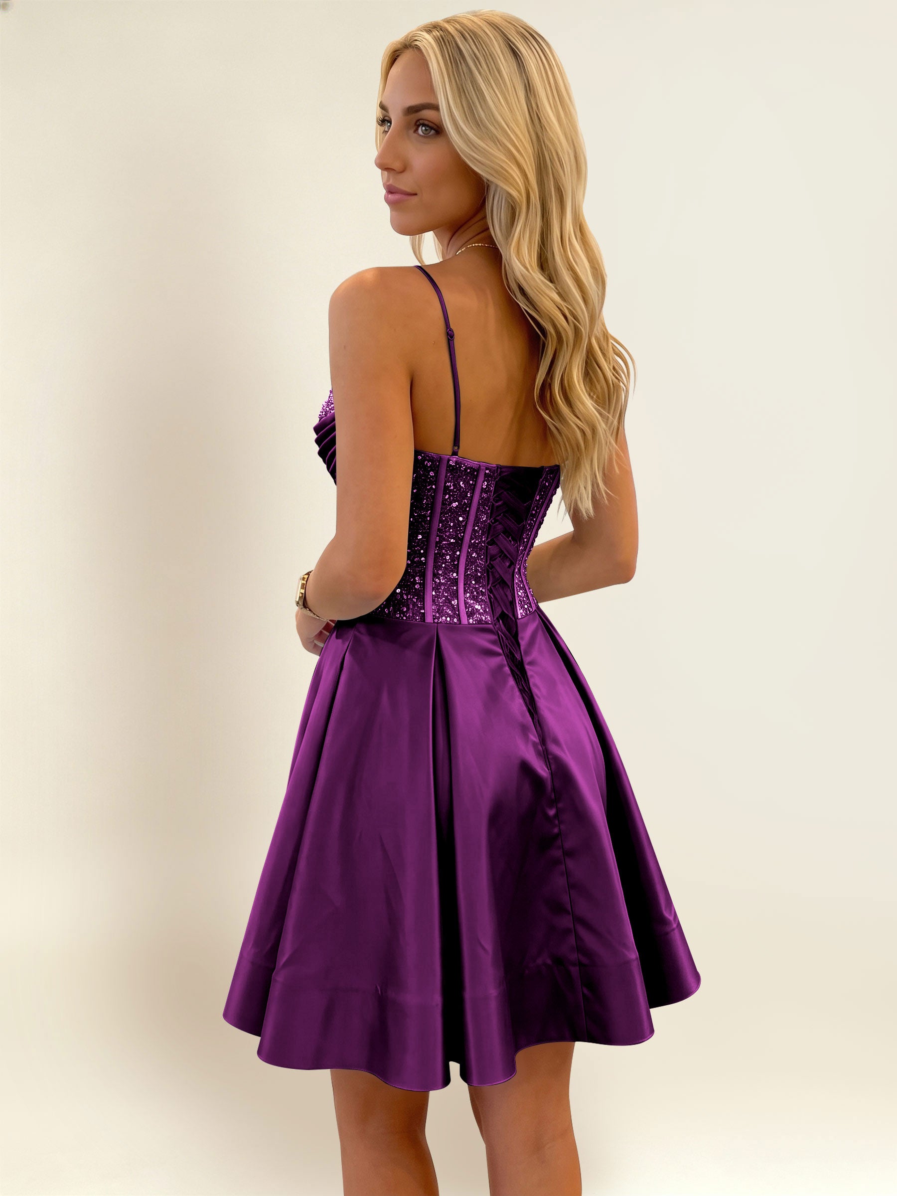ROVDESY A-Line Spaghetti Strap Sequin Corset Satin Homecoming Mini Dress