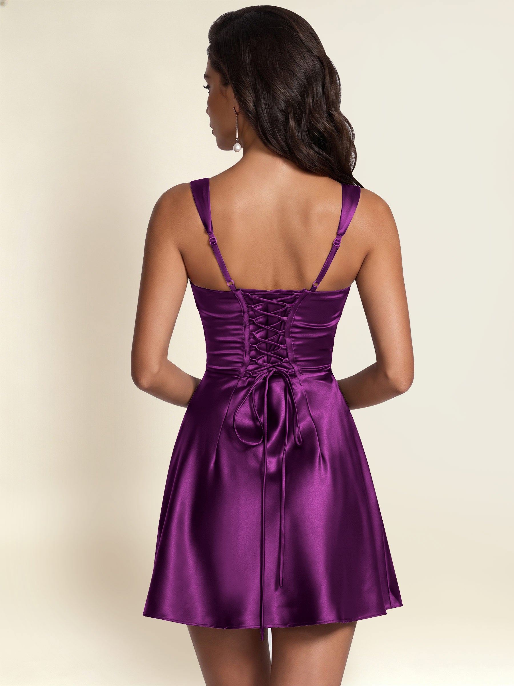 ROVDESY Square Neck Pleated Satin Homecoming Mini Dress