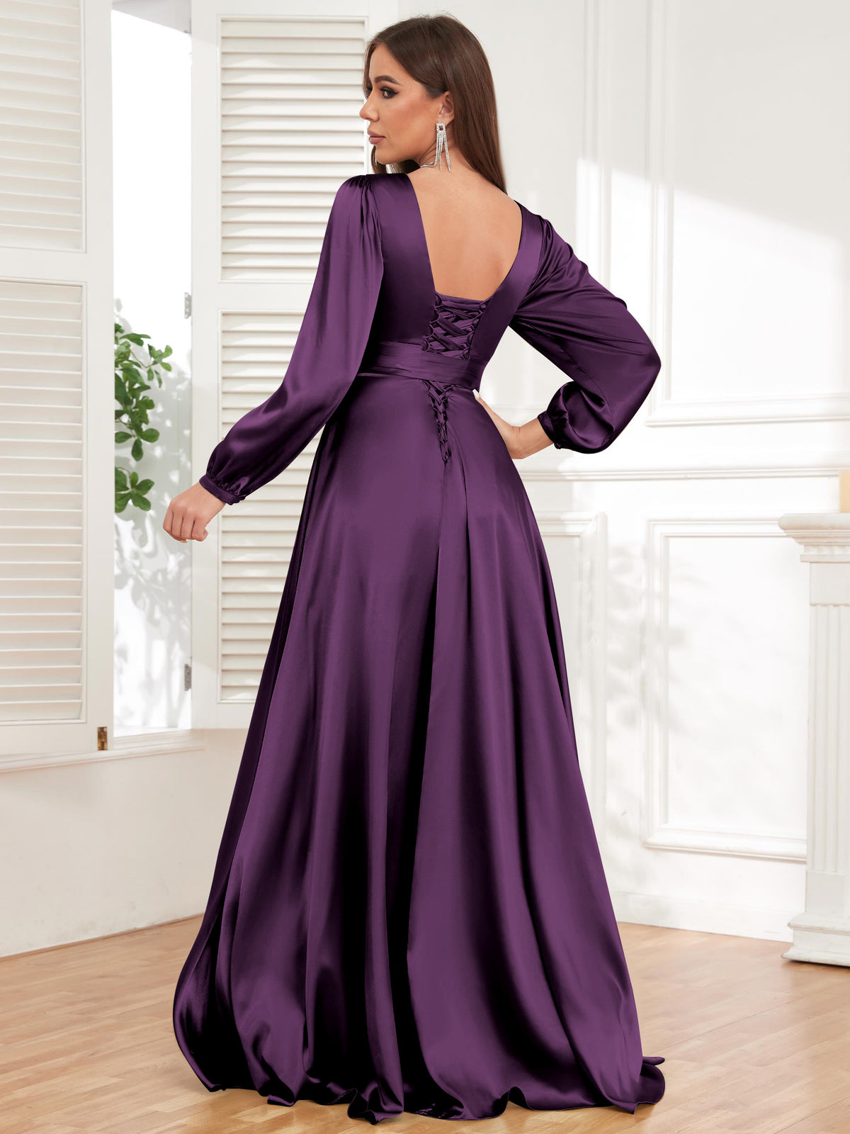 V Neck Satin Long Sleeve Bridesmaid Dress with Slit