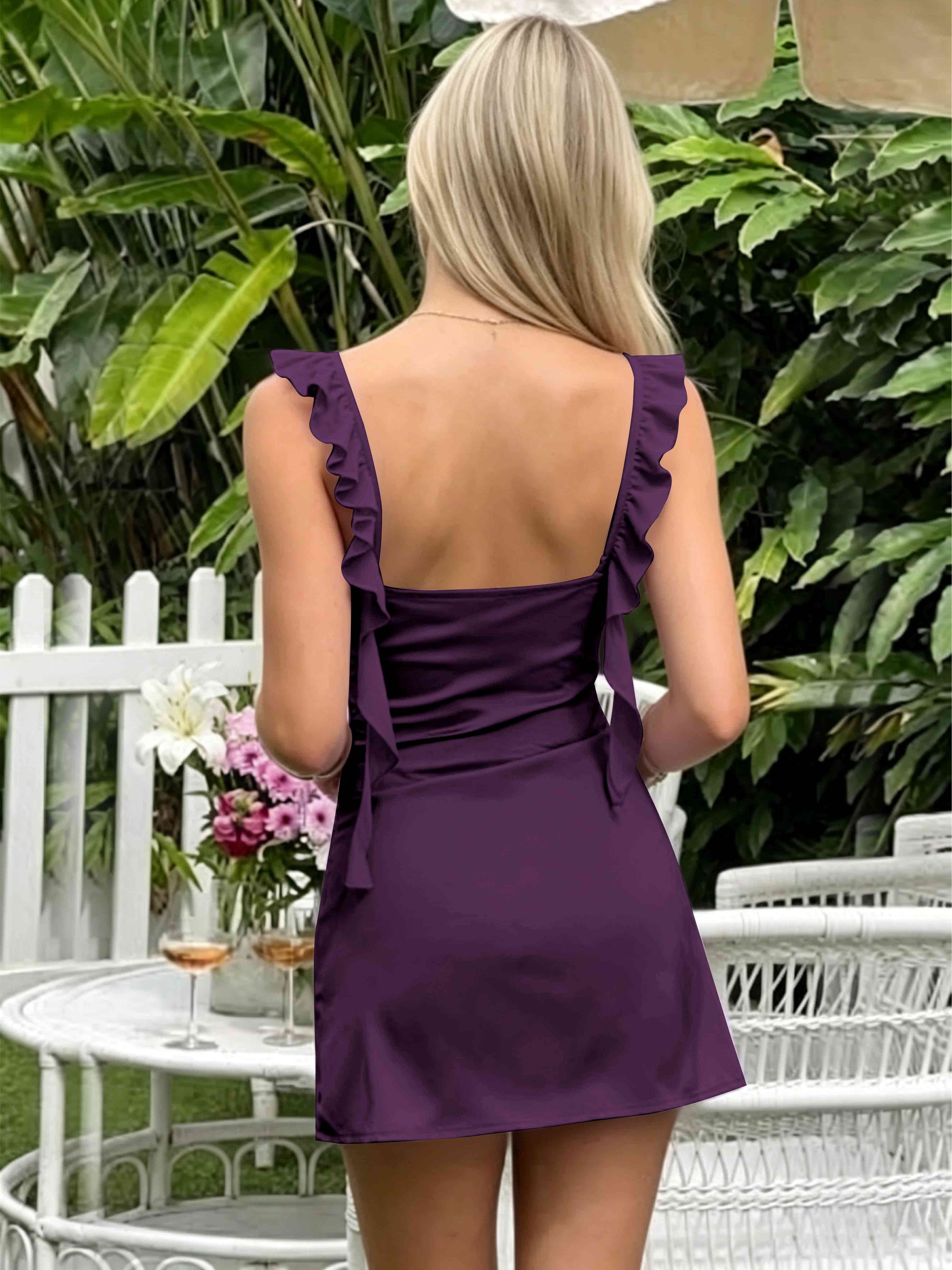 ROVDESY A-Line Ruffle Strap Satin Homecoming Mini Dress