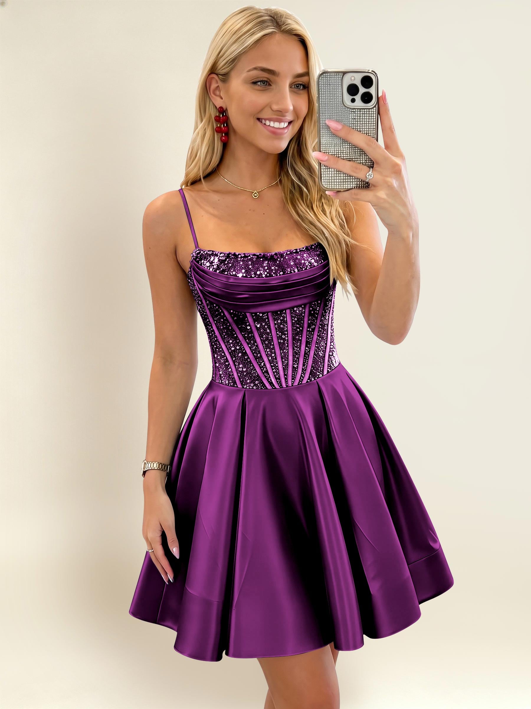 ROVDESY A-Line Spaghetti Strap Sequin Corset Satin Homecoming Mini Dress