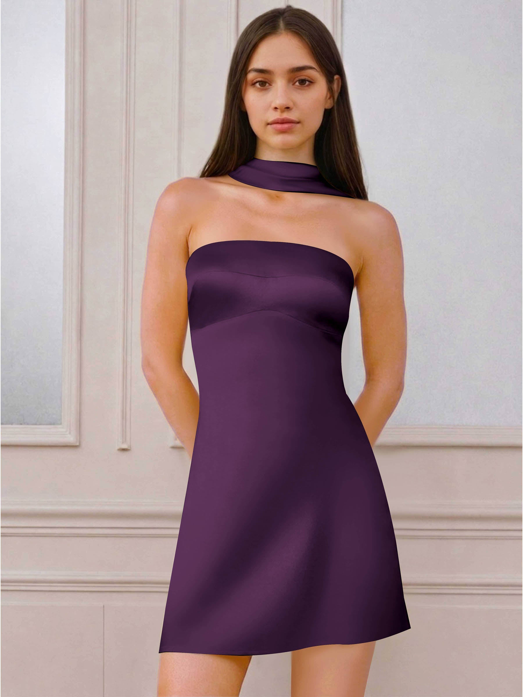 ROVDESY A-Line Halter Neck Satin Homecoming Mini Dress