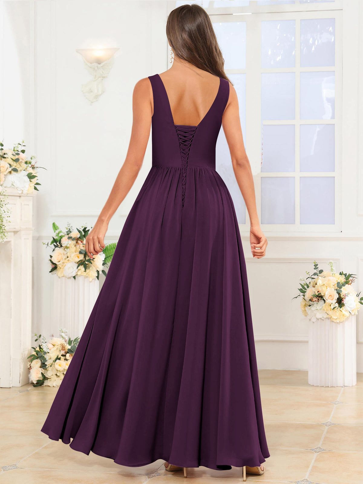 V Neck Chiffon A Line Bridesmaid Dress with Slit