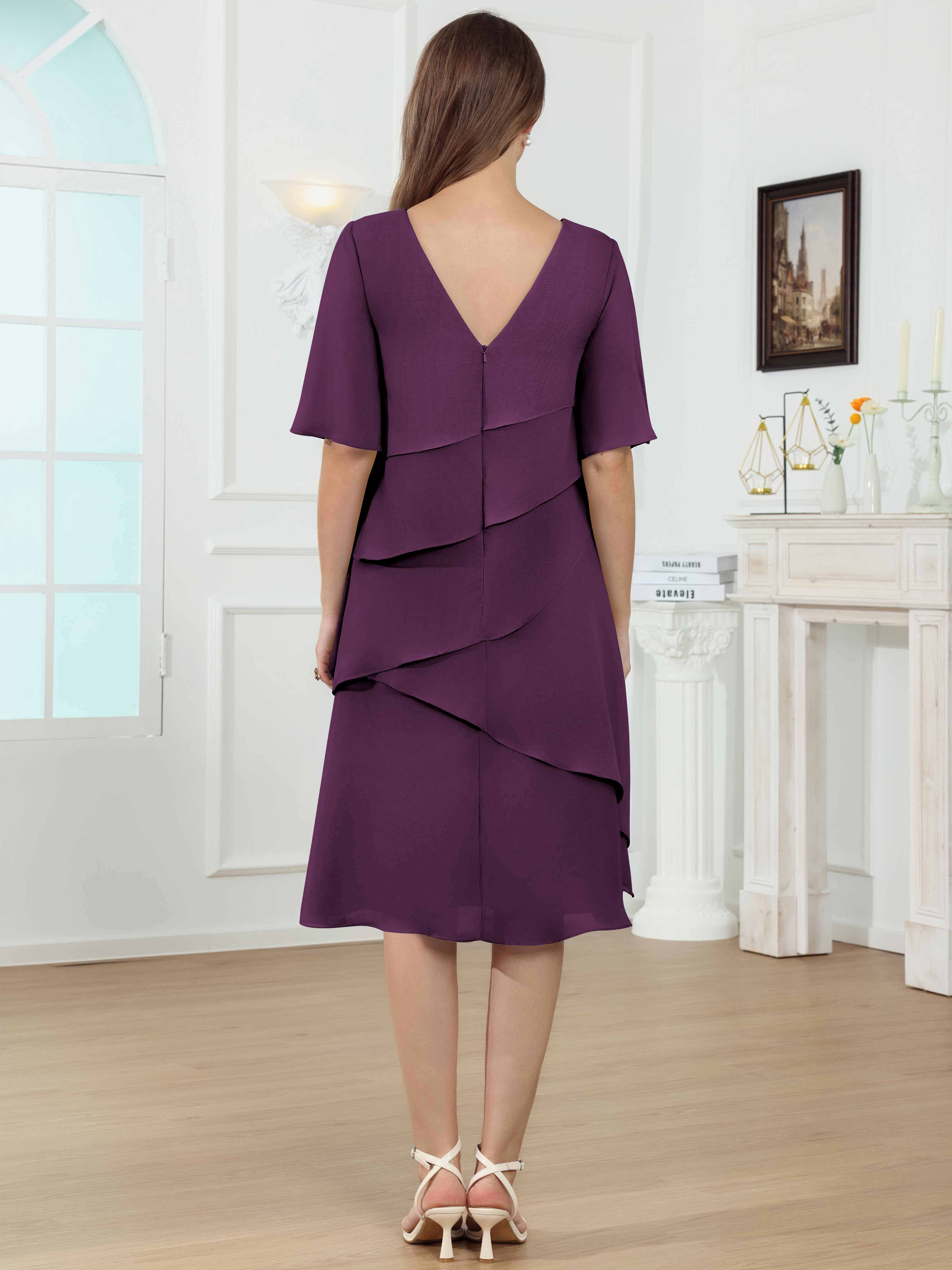 ROVDESY Knee Length Tiered Ruffle Chiffon Mother Of The Bride Dress With Half Sleeves
