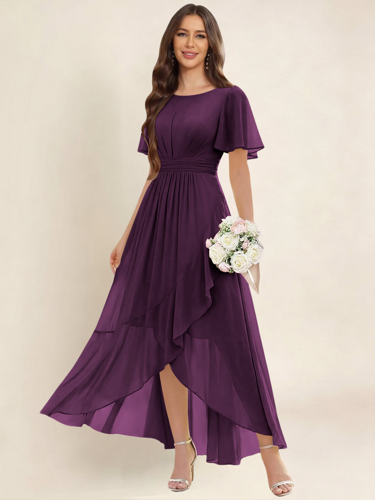 ROVDESY A-Line High Low Round Neck Pleated Ruffle Chiffon Bridesmaid Dress With Short Sleeves