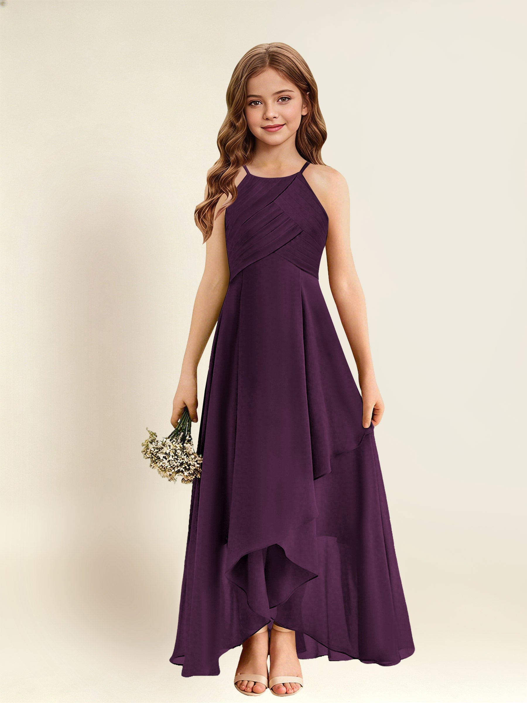 ROVDESY A-Line Halter Pleated Chiffon Junior Bridesmaid Dress