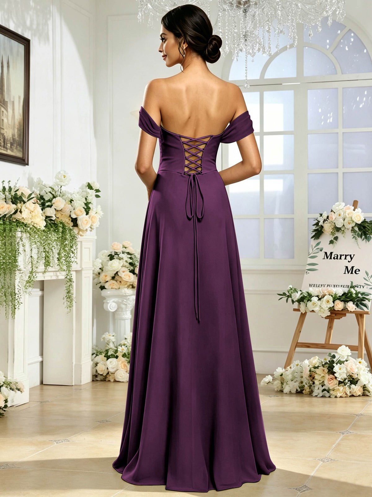 Off the Shoulder Chiffon A Line Long Bridesmaid Dress with Slit