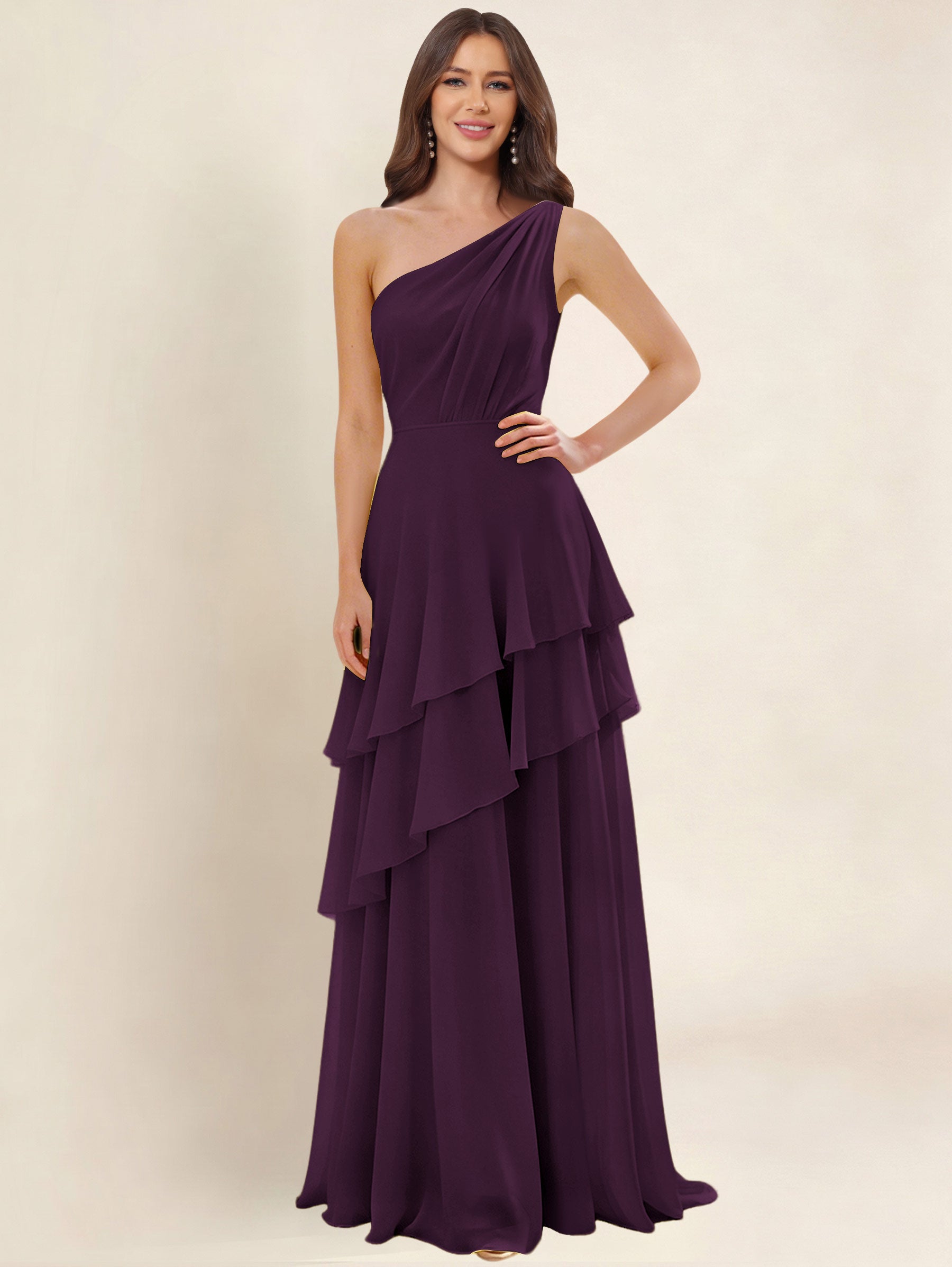 ROVDESY A-Line One Shoulder Pleated Tiered Chiffon Bridesmaid Dress