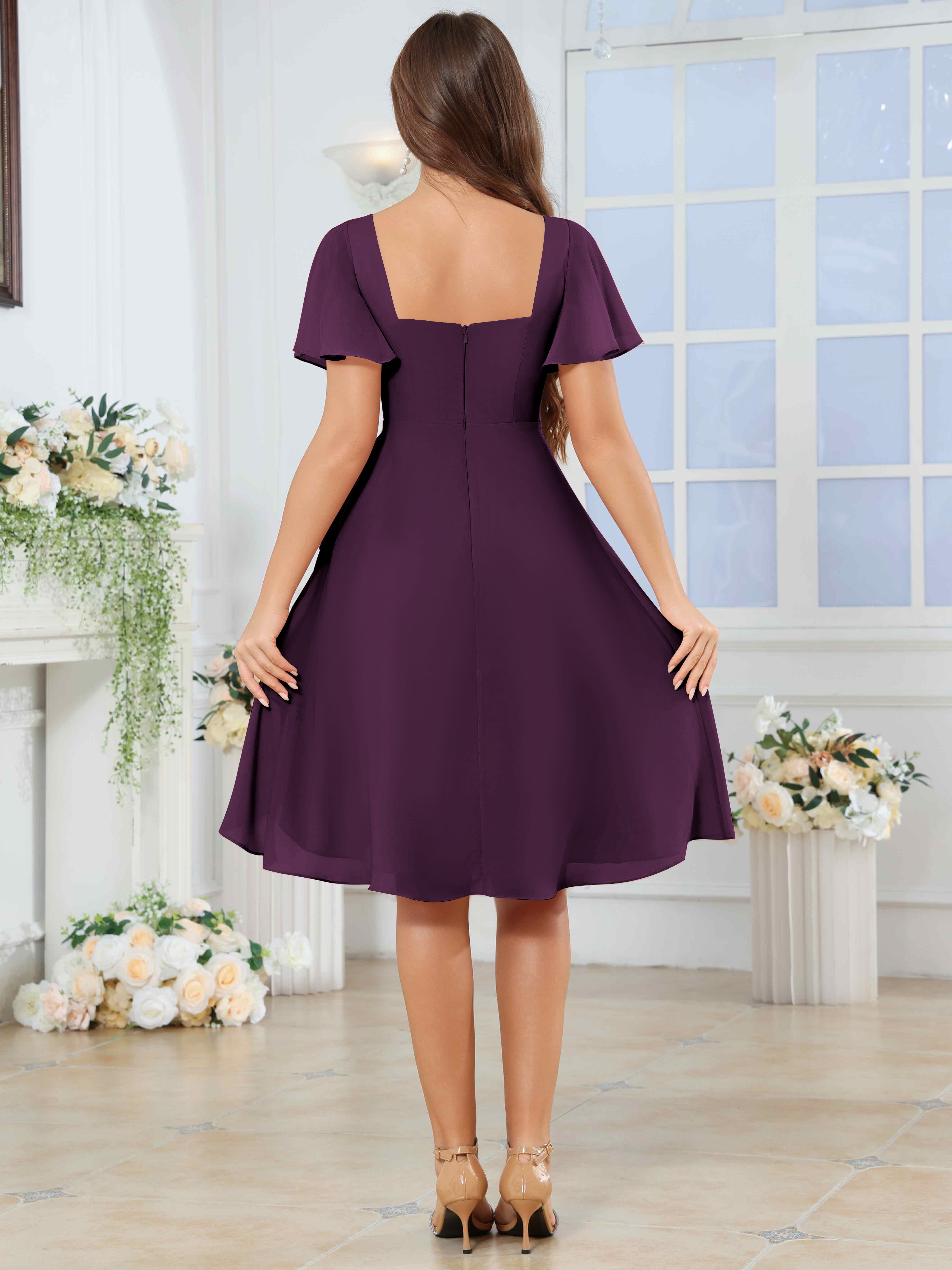 ROVDESY Knee Length V-Neck Pleated Chiffon Bridesmaid Dress With Short Sleeves