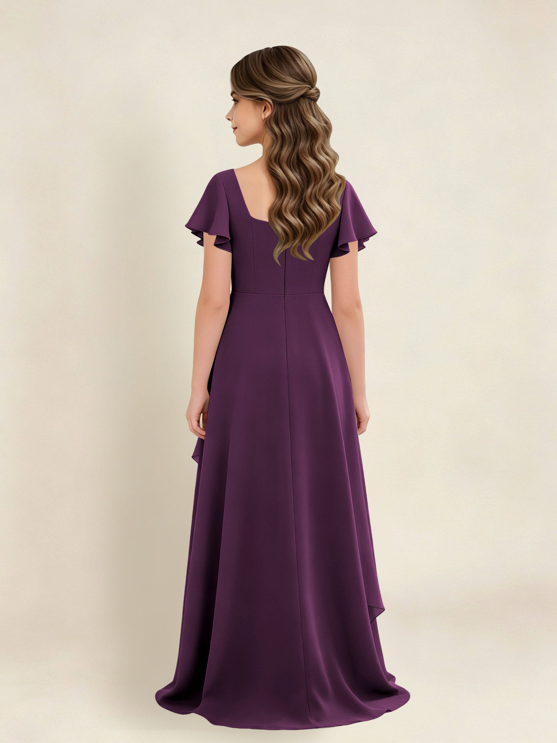 ROVDESY A-Line Square Neck Ruffle Chiffon Junior Bridesmaid Dress With Short Sleeves