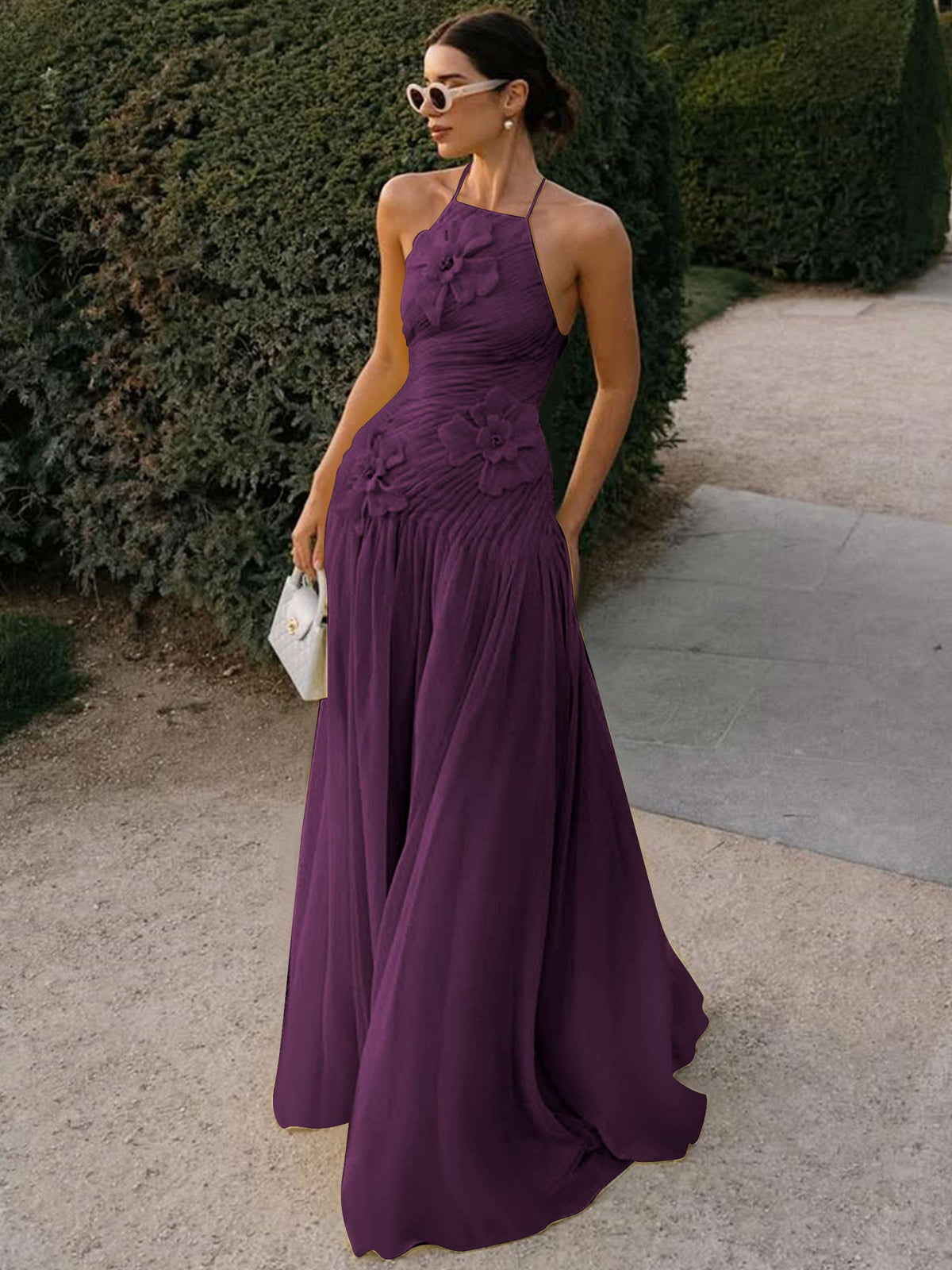 Halter Long Pleated Chiffon Prom Dress with 3D Flower