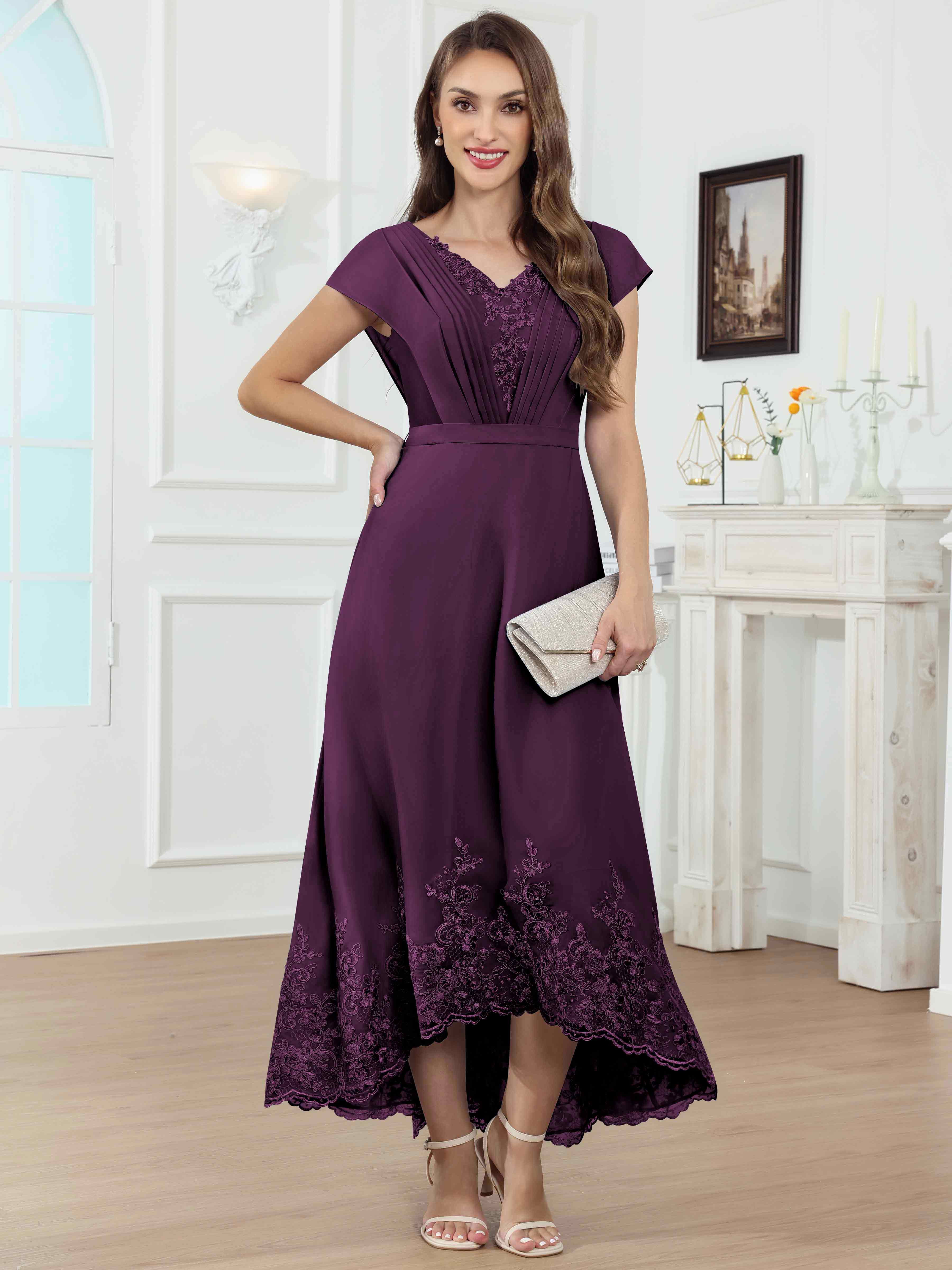 ROVDESY Tea Length High-Low V-Neck Ruched Lace Chiffon Mother of The Bride Dress for Women