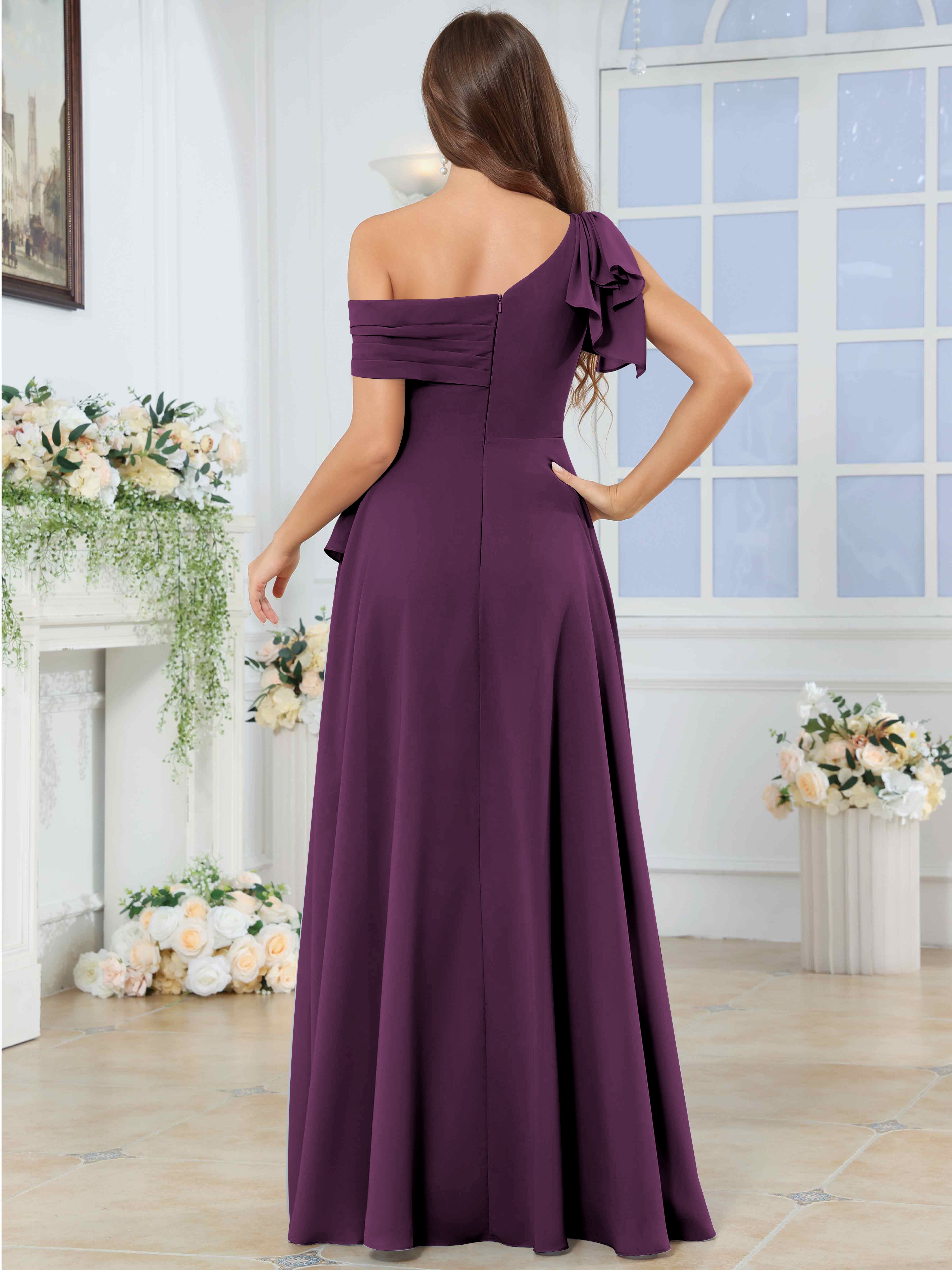ROVDESY One Shoulder Pleated Ruffle Chiffon Bridesmaid Dress With Slit