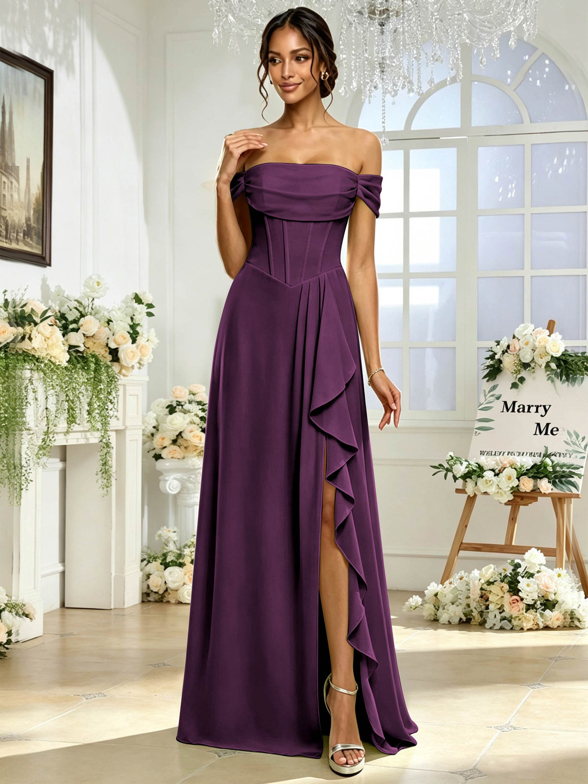 Off the Shoulder Chiffon A Line Long Bridesmaid Dress with Slit