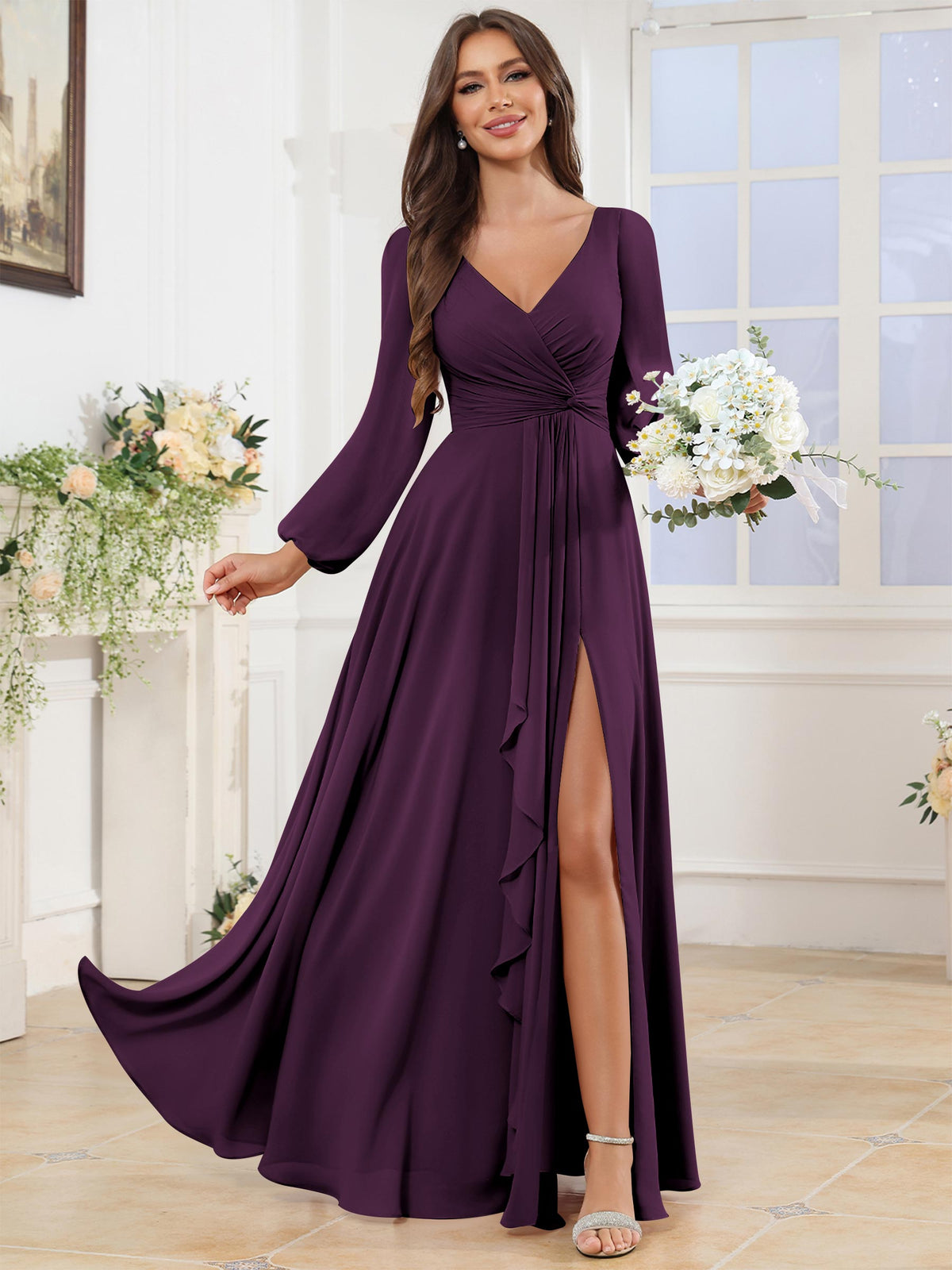 V Neck Chiffon Long Sleeve Bridesmaid Dresses with Slit