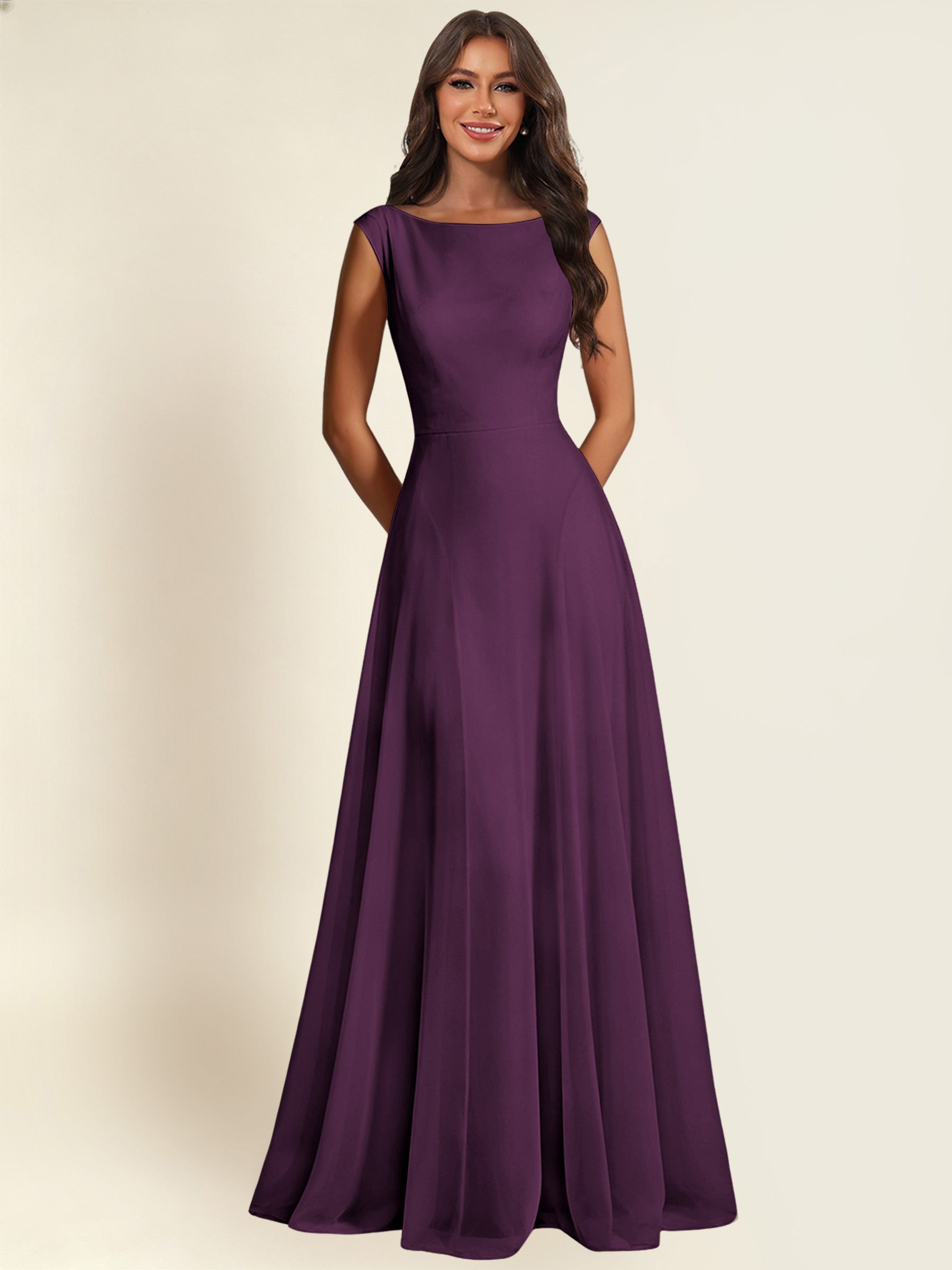 ROVDESY A-Line Chiffon Long Bridesmaid Dress With Sleeveless