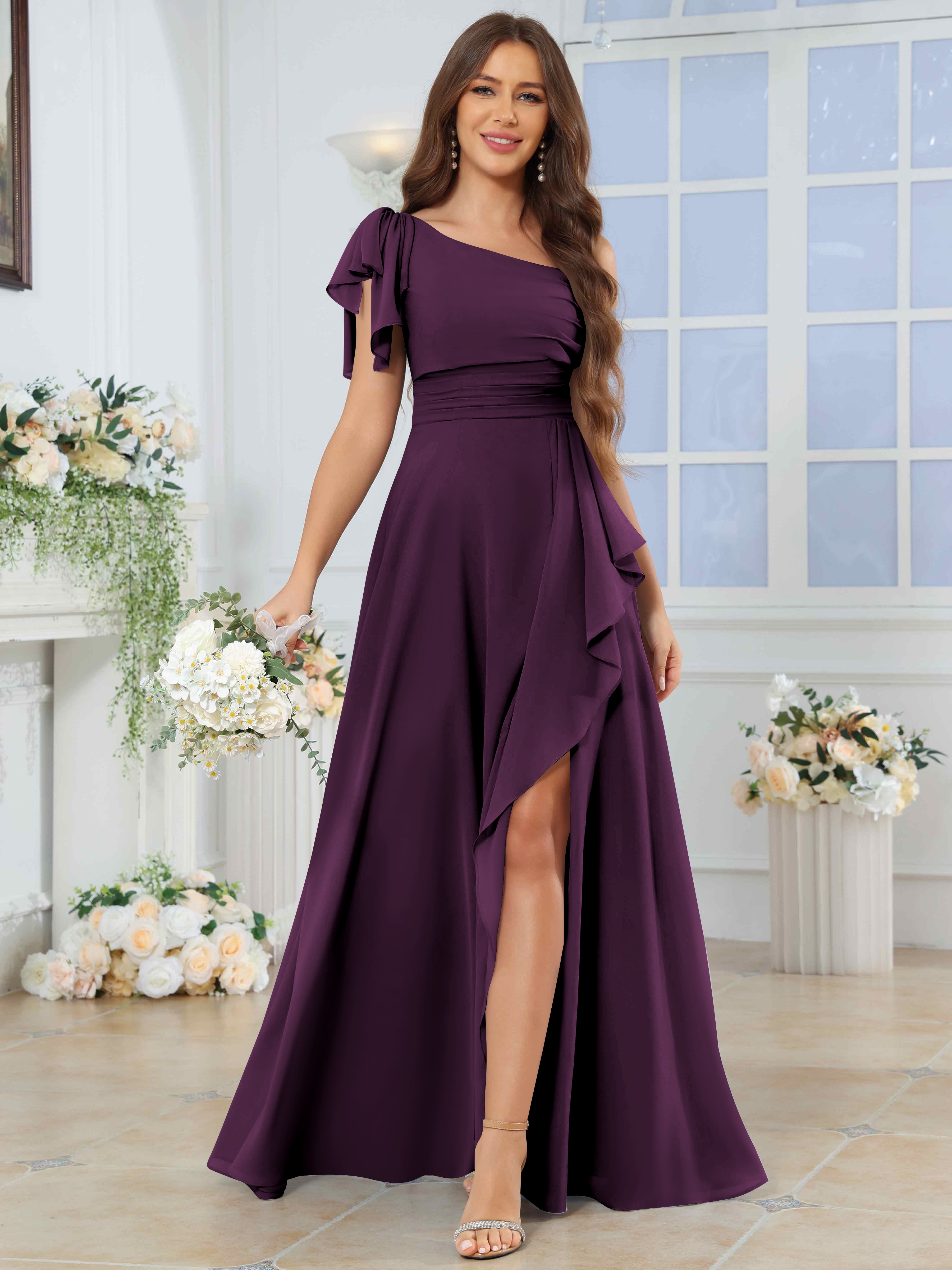 ROVDESY One Shoulder Pleated Ruffle Chiffon Bridesmaid Dress With Slit