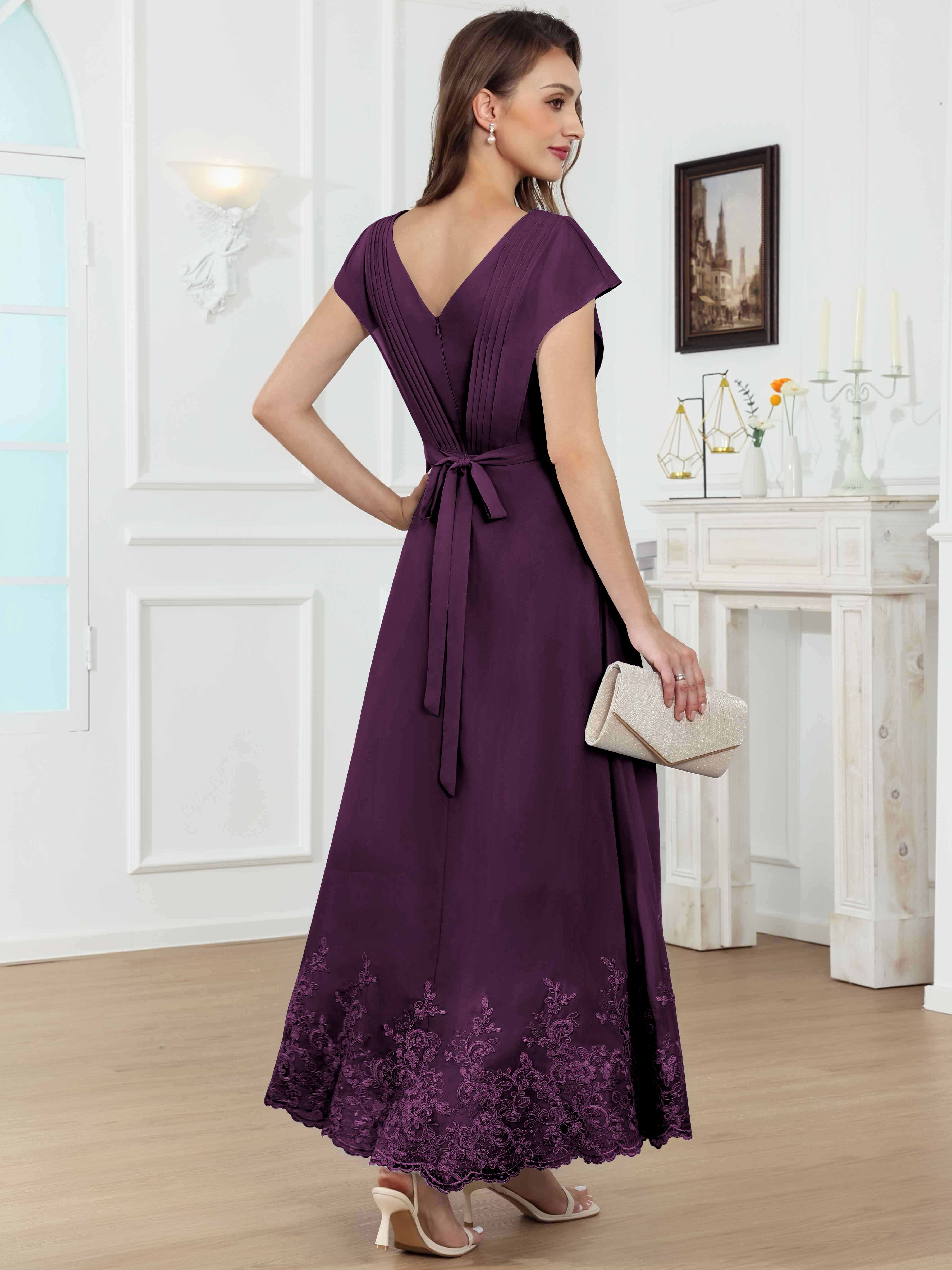 ROVDESY Tea Length High-Low V-Neck Ruched Lace Chiffon Mother of The Bride Dress for Women