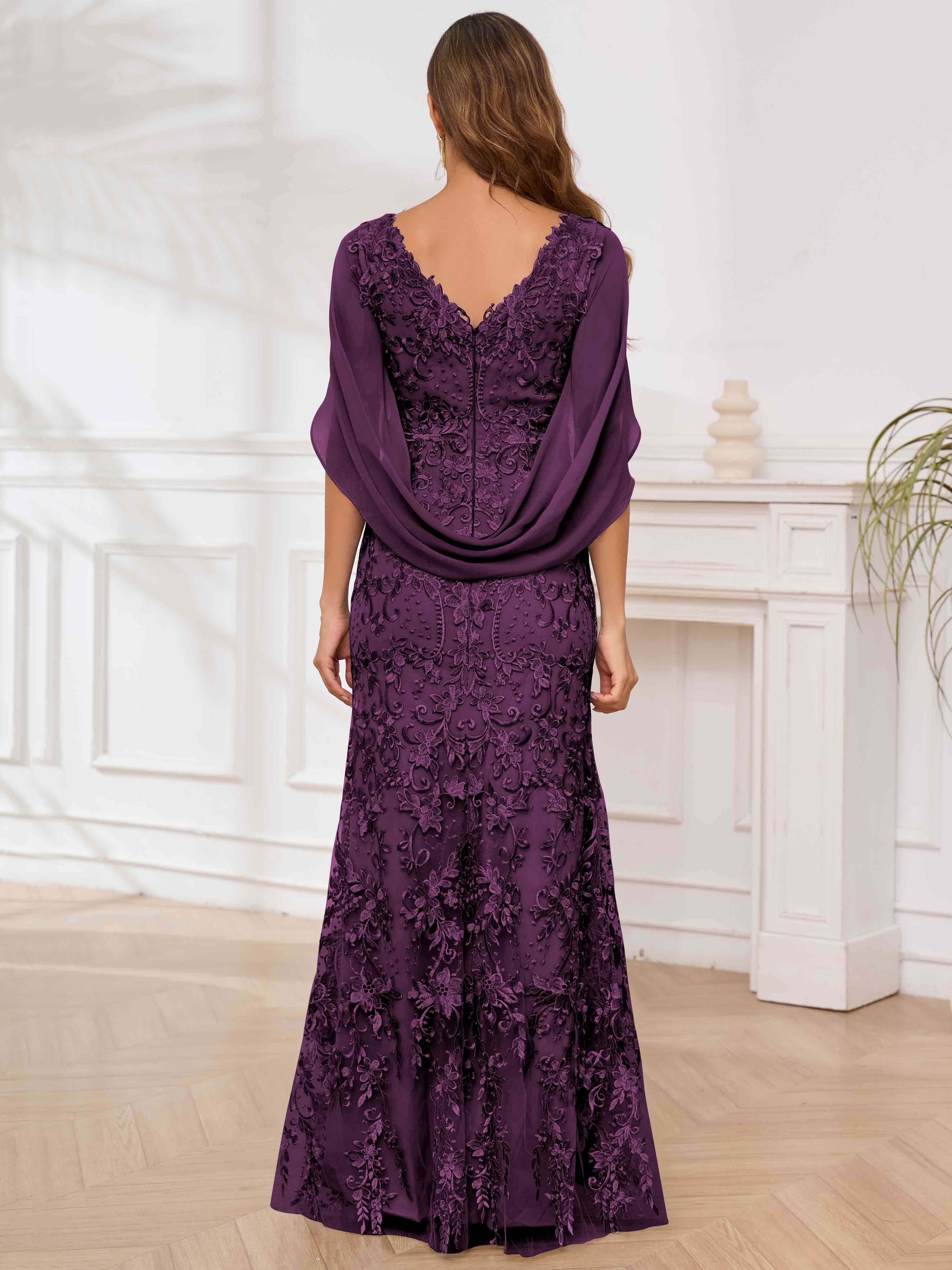 ROVDESY V-Neck Lace Mermaid Mother Of The Bride Dress With Cape Sleeves Long Formal Gown