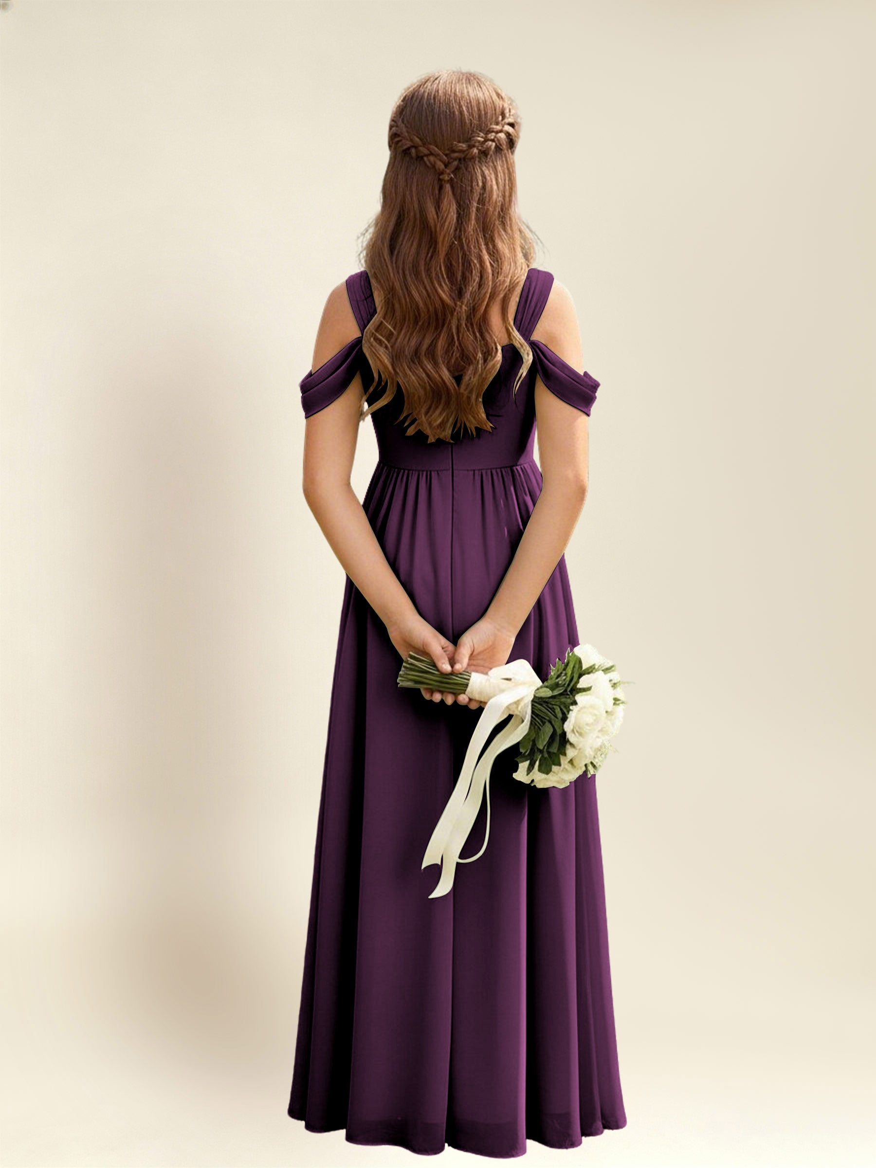 ROVDESY A-Line Off The Shoulder Pleated Chiffon Junior Bridesmaid Dress