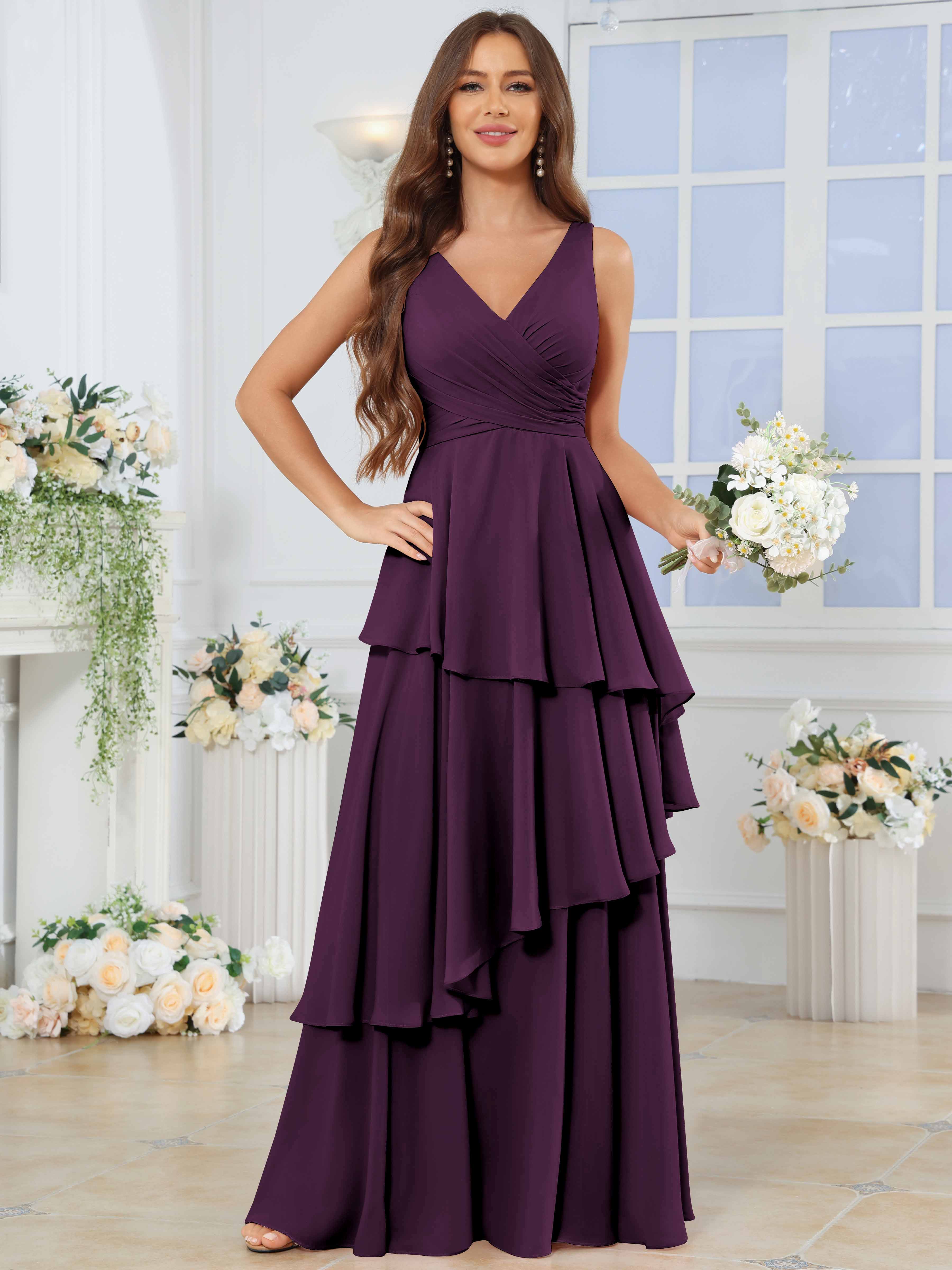 ROVDESY Long Sleeveless V-Neck Tiered Pleated Chiffon Bridesmaid Dress