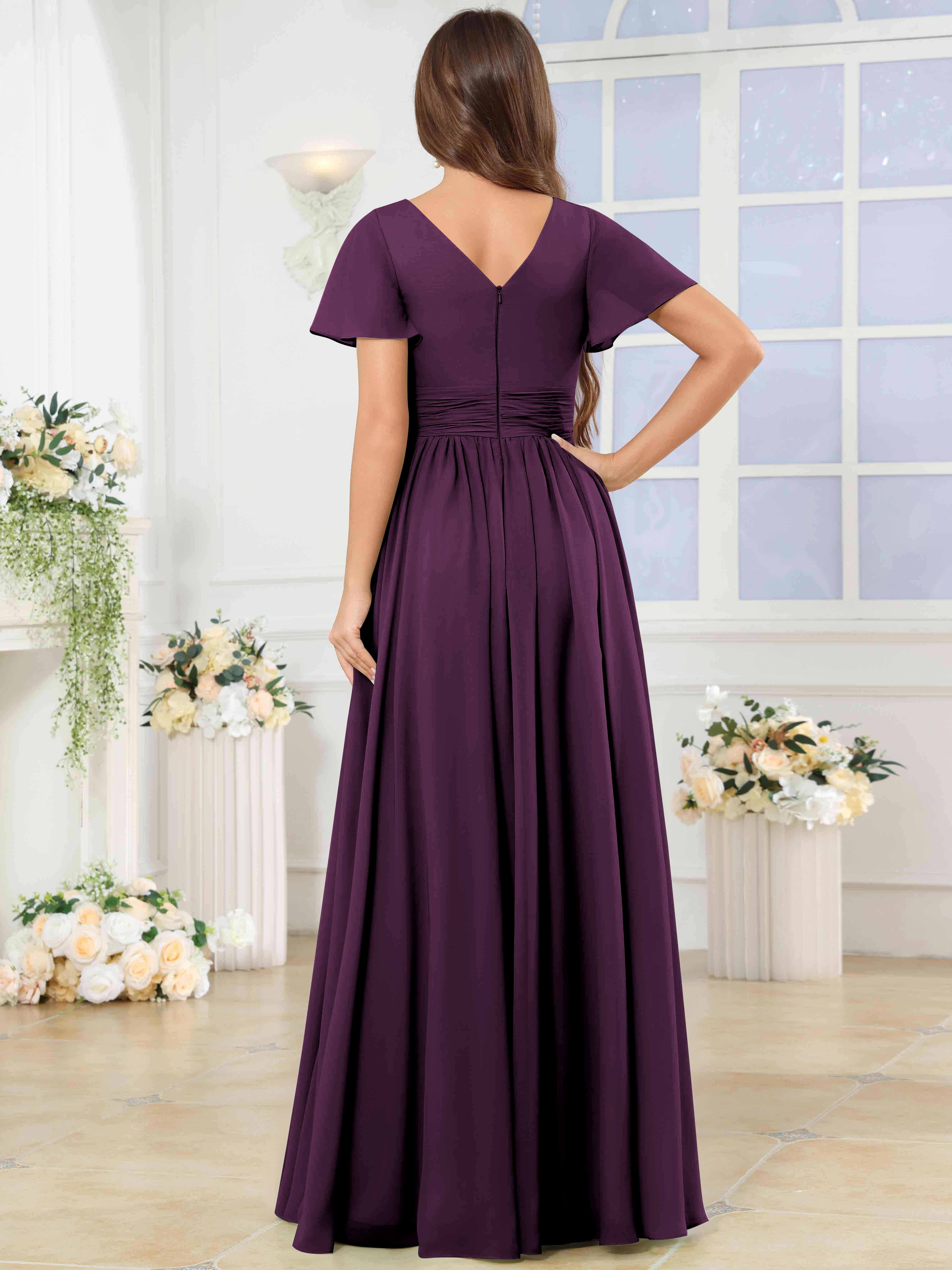 ROVDESY A-Line V-Neck Slit Pleated Ruffle Chiffon Bridesmaid Dress With Short Sleeves