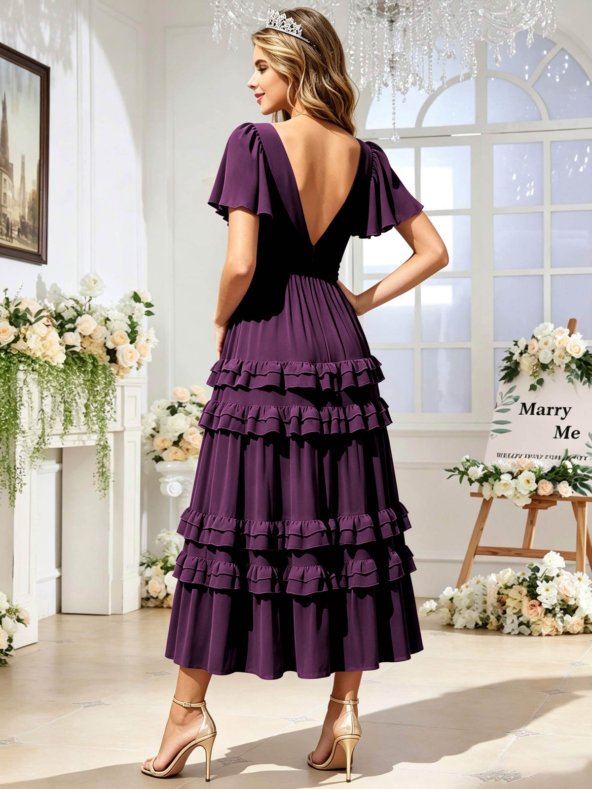 A Line Chiffon Pleated Bridesmaid Dress with Sleeves