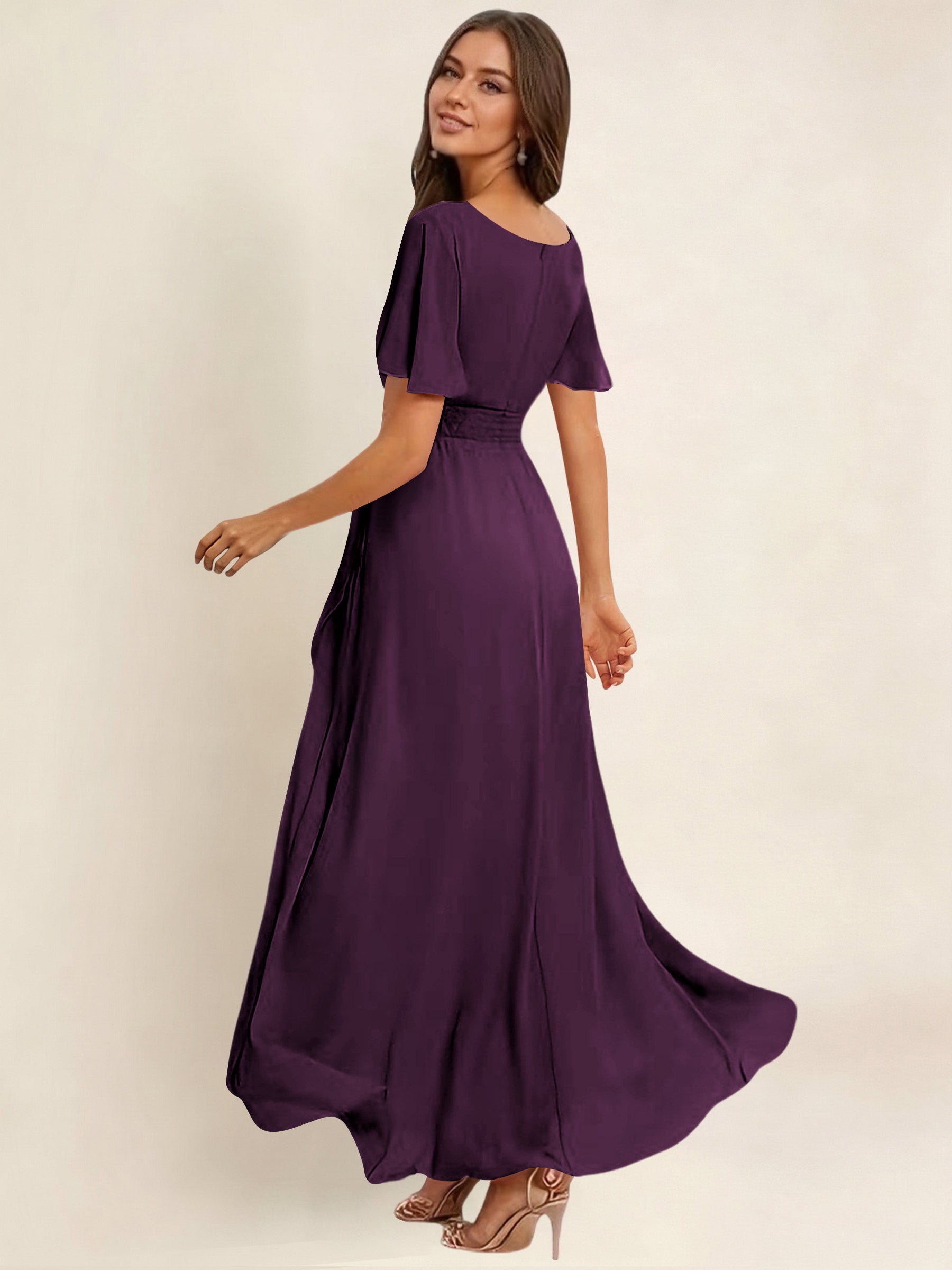ROVDESY A-Line High Low Round Neck Pleated Ruffle Chiffon Bridesmaid Dress With Short Sleeves