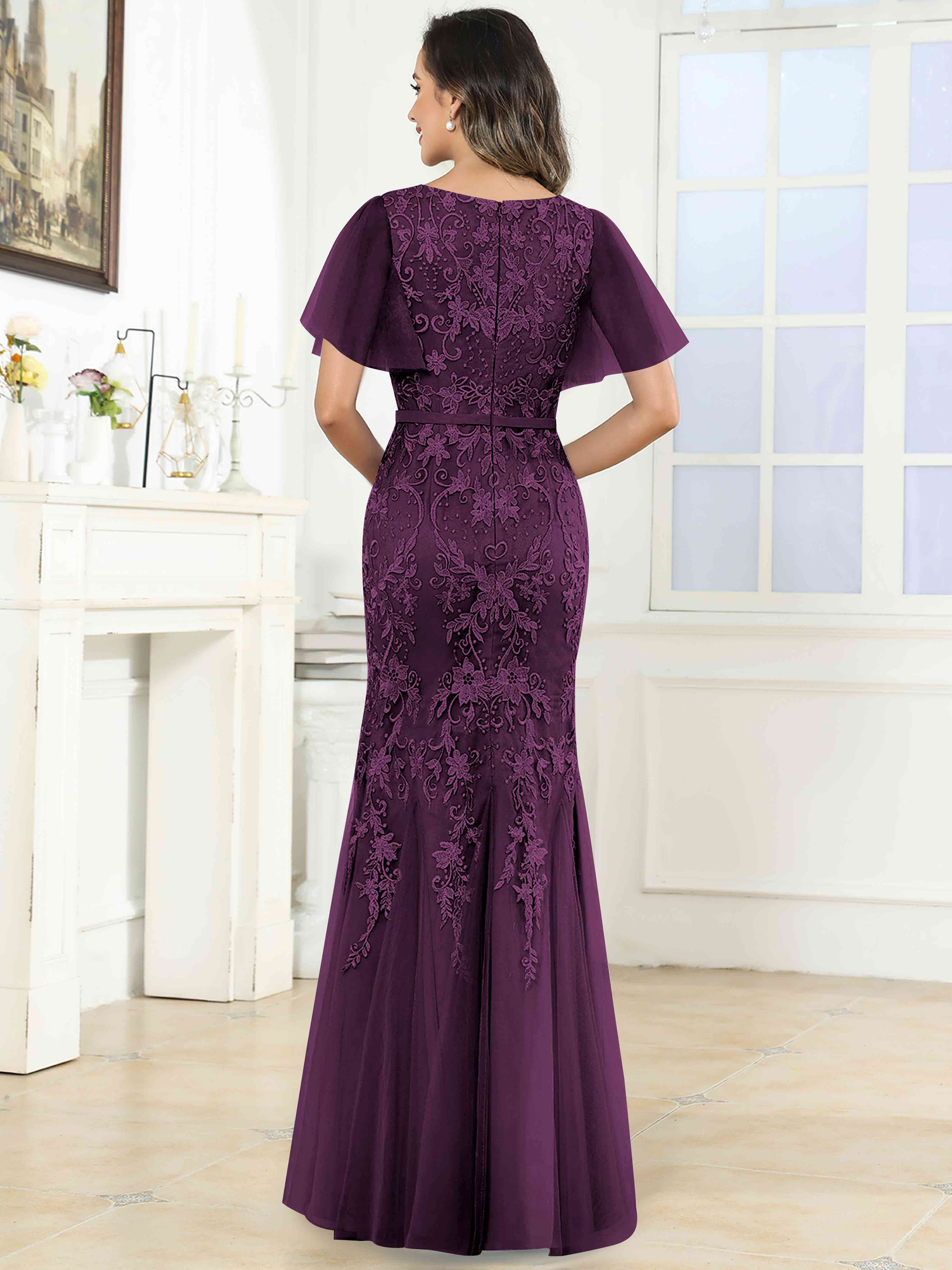 ROVDESY Elegant V-Neck Lace Mermaid Long Mother Of The Bride Dress Formal Gown With Sleeves